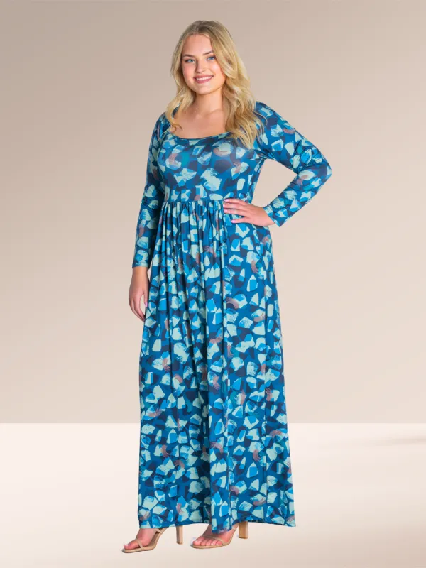 Blue Abstract Long Sleeve Pleated Plus Size Maxi Dress sold by 24/7 Comfort Apparel