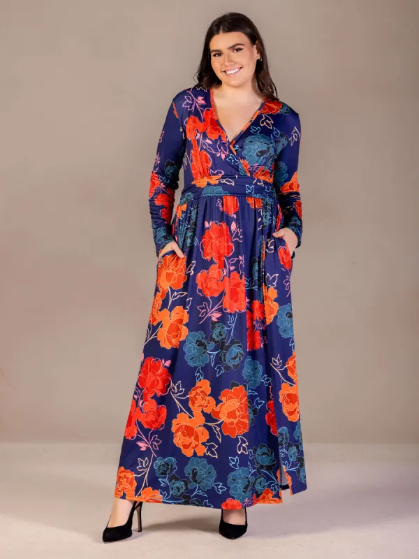 Plus Size Navy Floral Print Long Sleeve Side Slit Maxi Dress sold by 24/7 Comfort Apparel