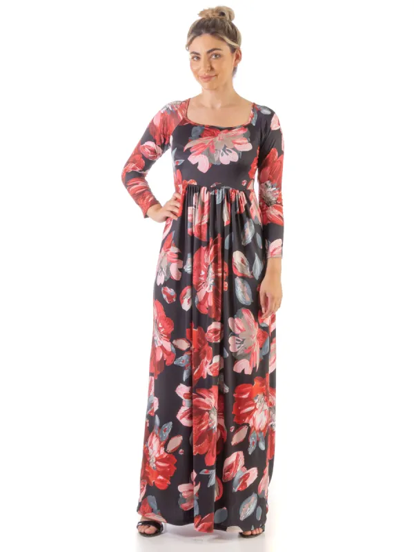 Red and Black Long Sleeve Pleated Maxi Dress sold by 24/7 Comfort Apparel