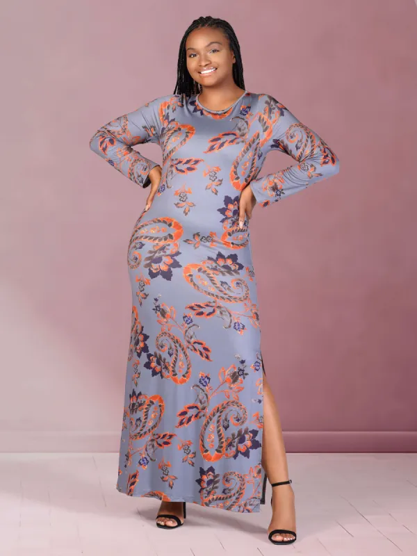 Plus Size Grey Long Sleeve Side Slit Fitted Maxi Dress sold by 24/7 Comfort Apparel