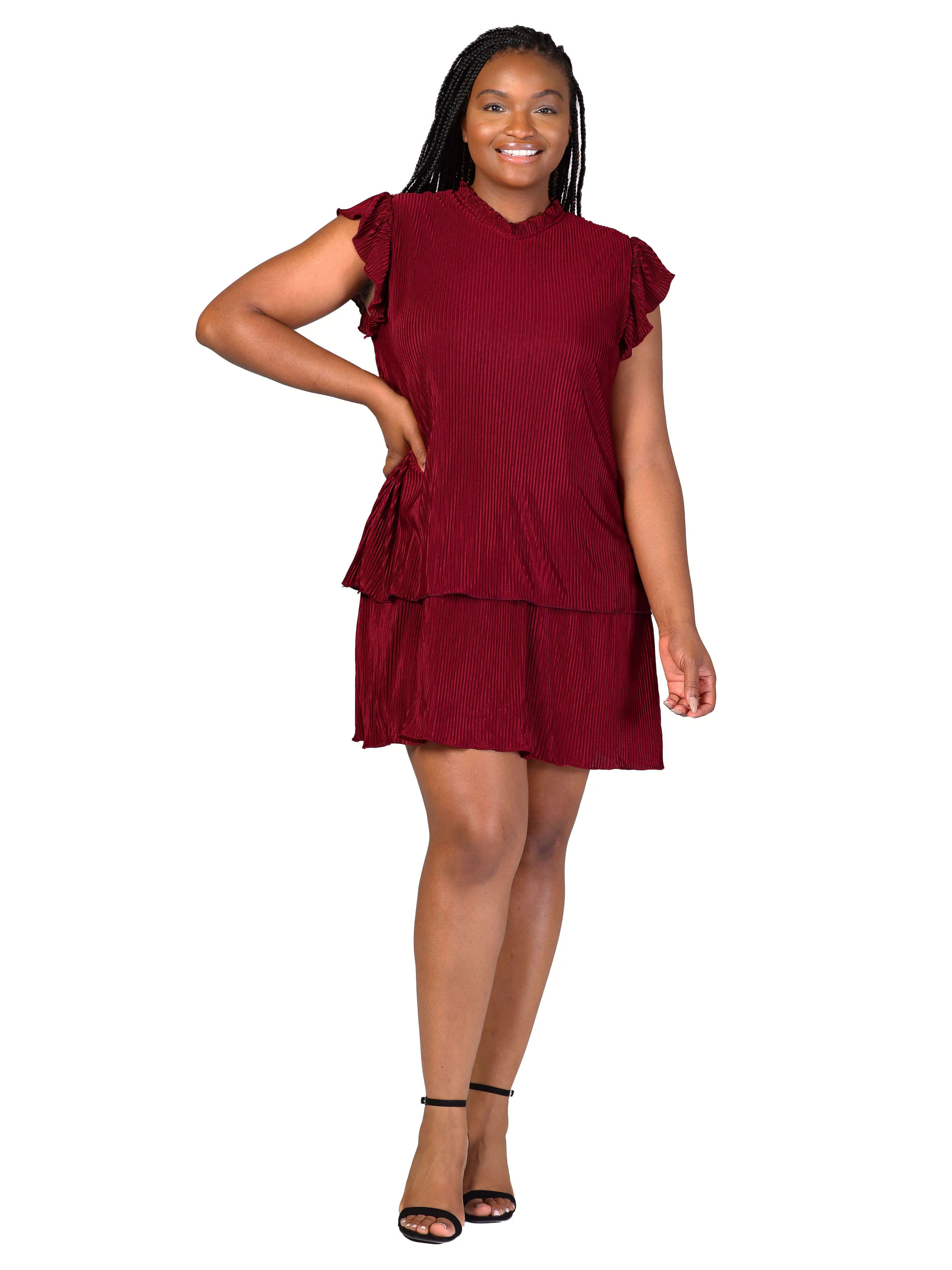 Plus Size Ruffle Cap Sleeve High Neck Pleated Tiered Mini Dress sold by 24/7 Comfort Apparel product image thumbnail 4