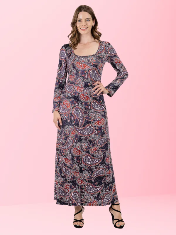 Long Sleeve Black Paisley A Line Maxi Dress sold by 24/7 Comfort Apparel