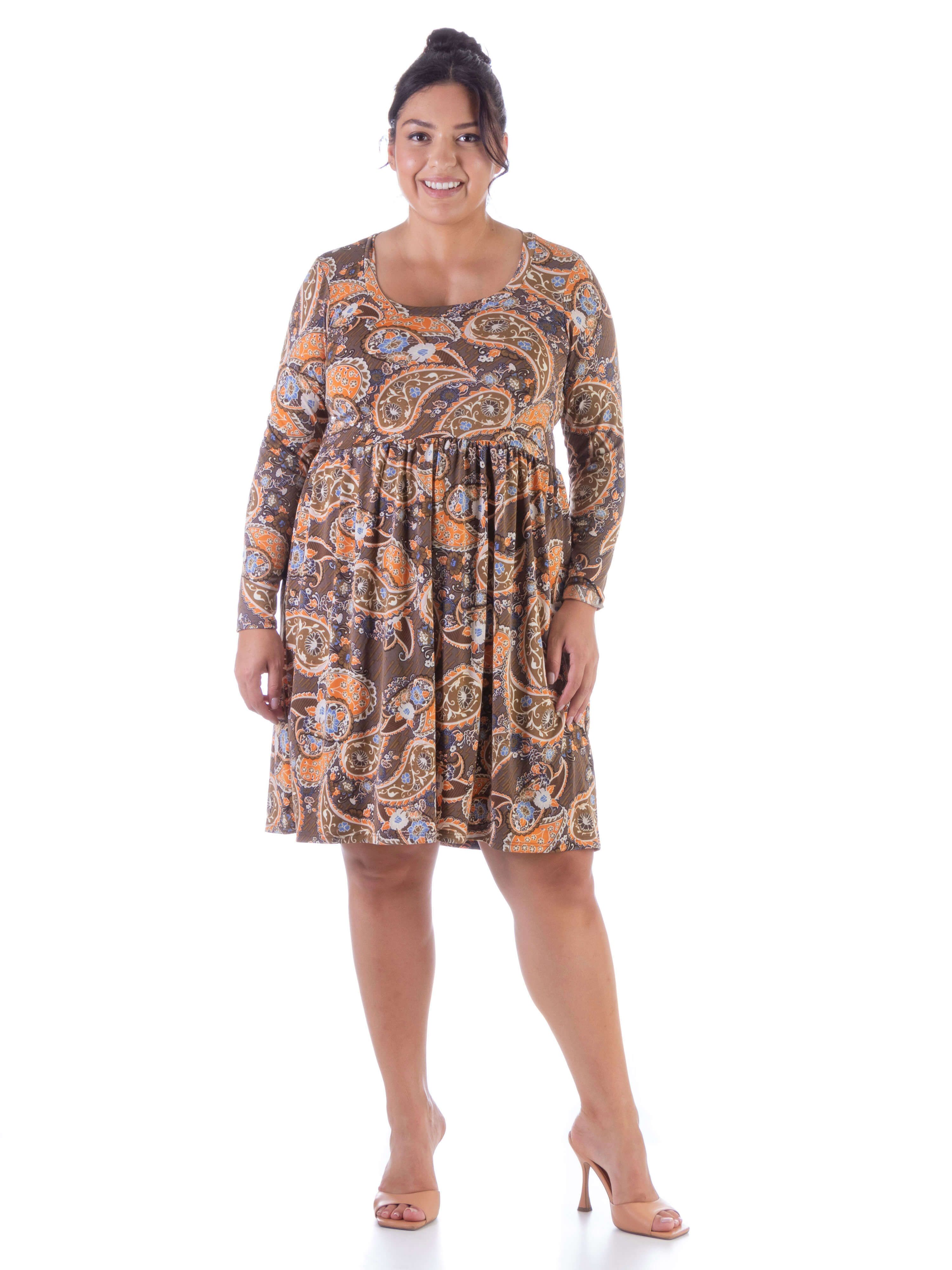 Paisley Plus Size Long Sleeve Pleated Knee Length Dress sold by 24/7 Comfort Apparel