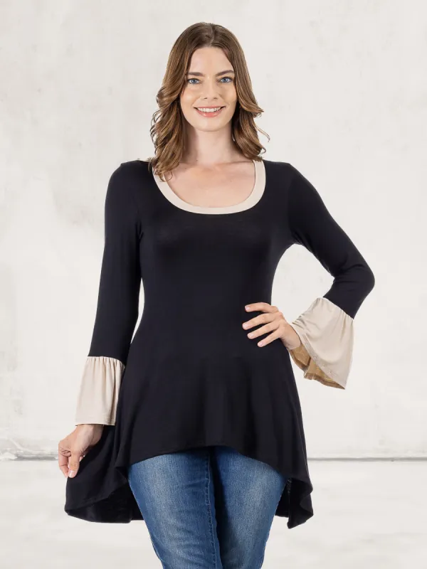 Black and Beige Bell Sleeve Hi Low Tunic Top sold by 24/7 Comfort Apparel