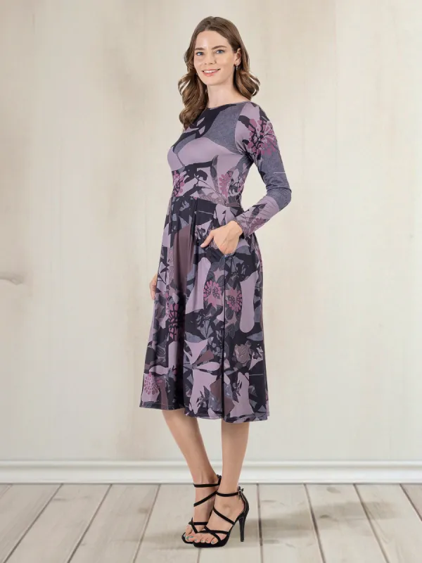 Grey and Mauve Floral Long Sleeve Pleated Pocket Midi Dress sold by 24/7 Comfort Apparel