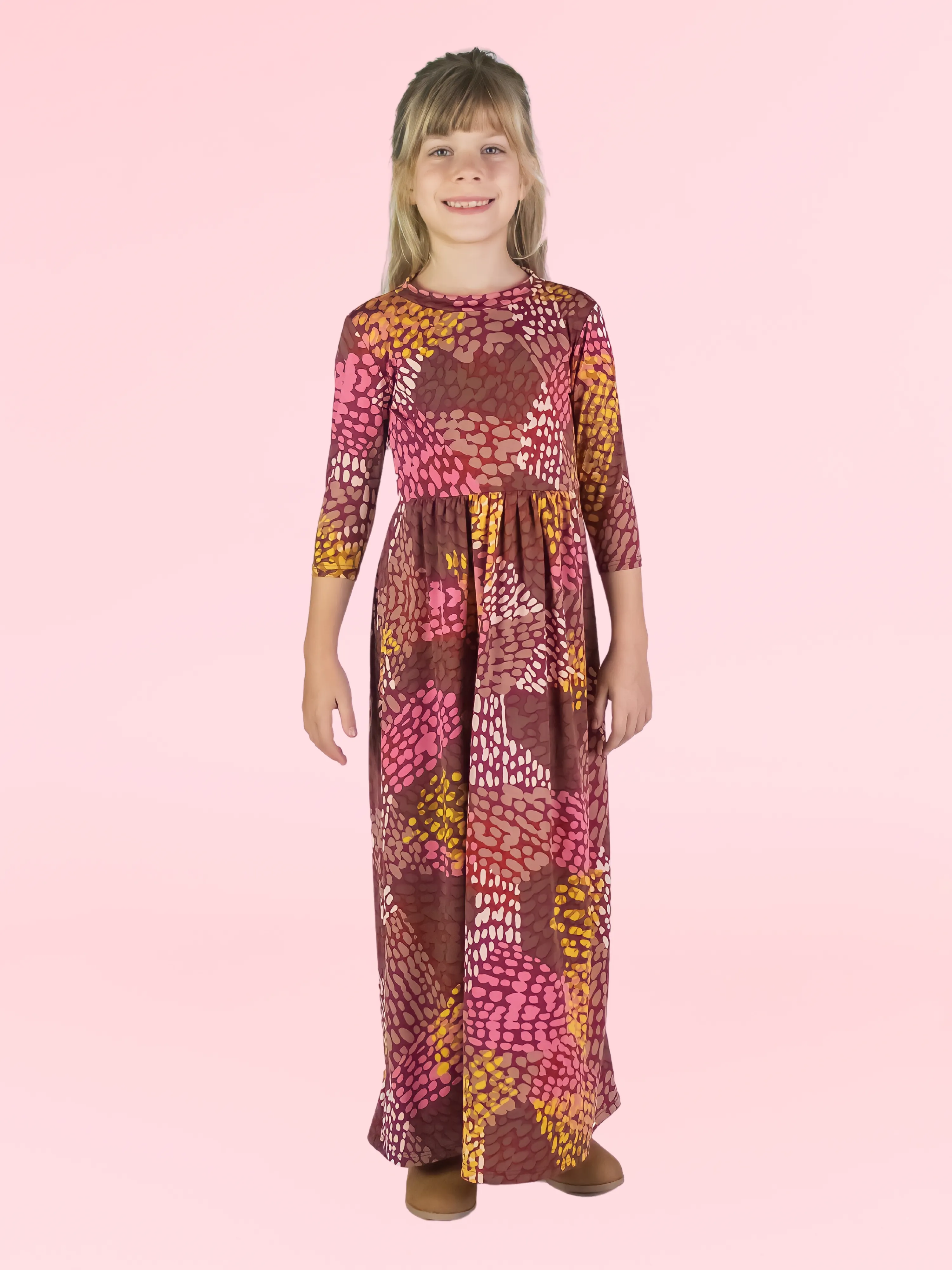 Girls Fall Print Three Quarter Sleeve Pleated Maxi Dress sold by 24/7 Comfort Apparel