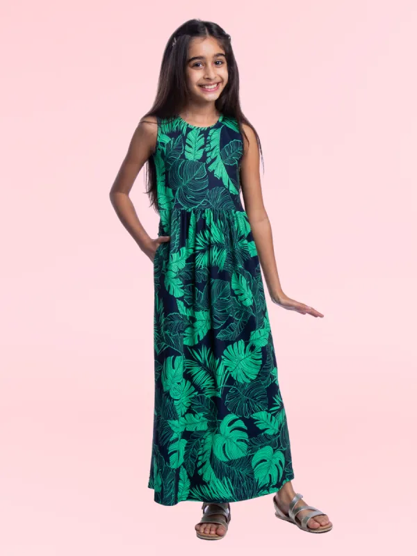 Girls Green Leaf Print Sleeveless Maxi Dress sold by 24/7 Comfort Apparel