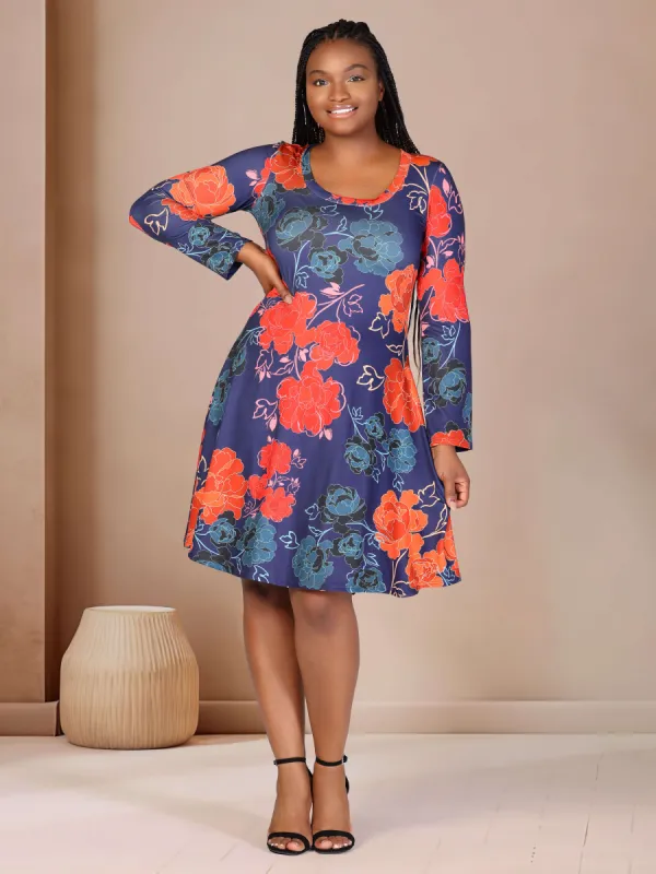 Plus Size Navy Floral Print Long Sleeve Knee Length Dress sold by 24/7 Comfort Apparel