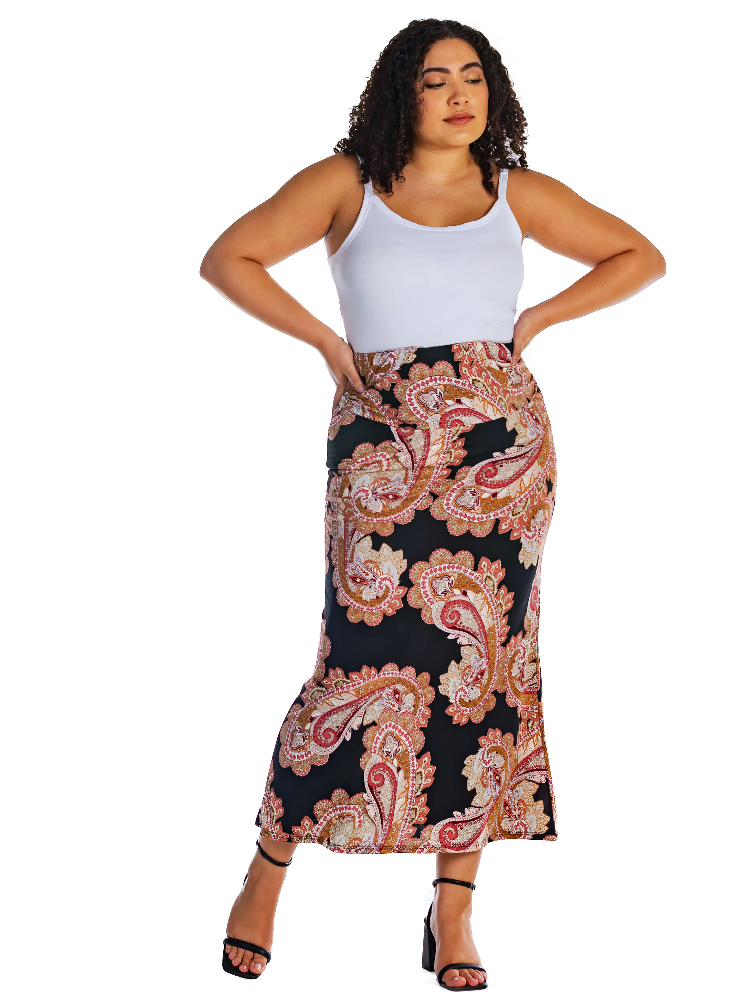 Black Paisley Print Foldover Plus Size Maxi Skirt sold by 24/7 Comfort Apparel product image thumbnail 3