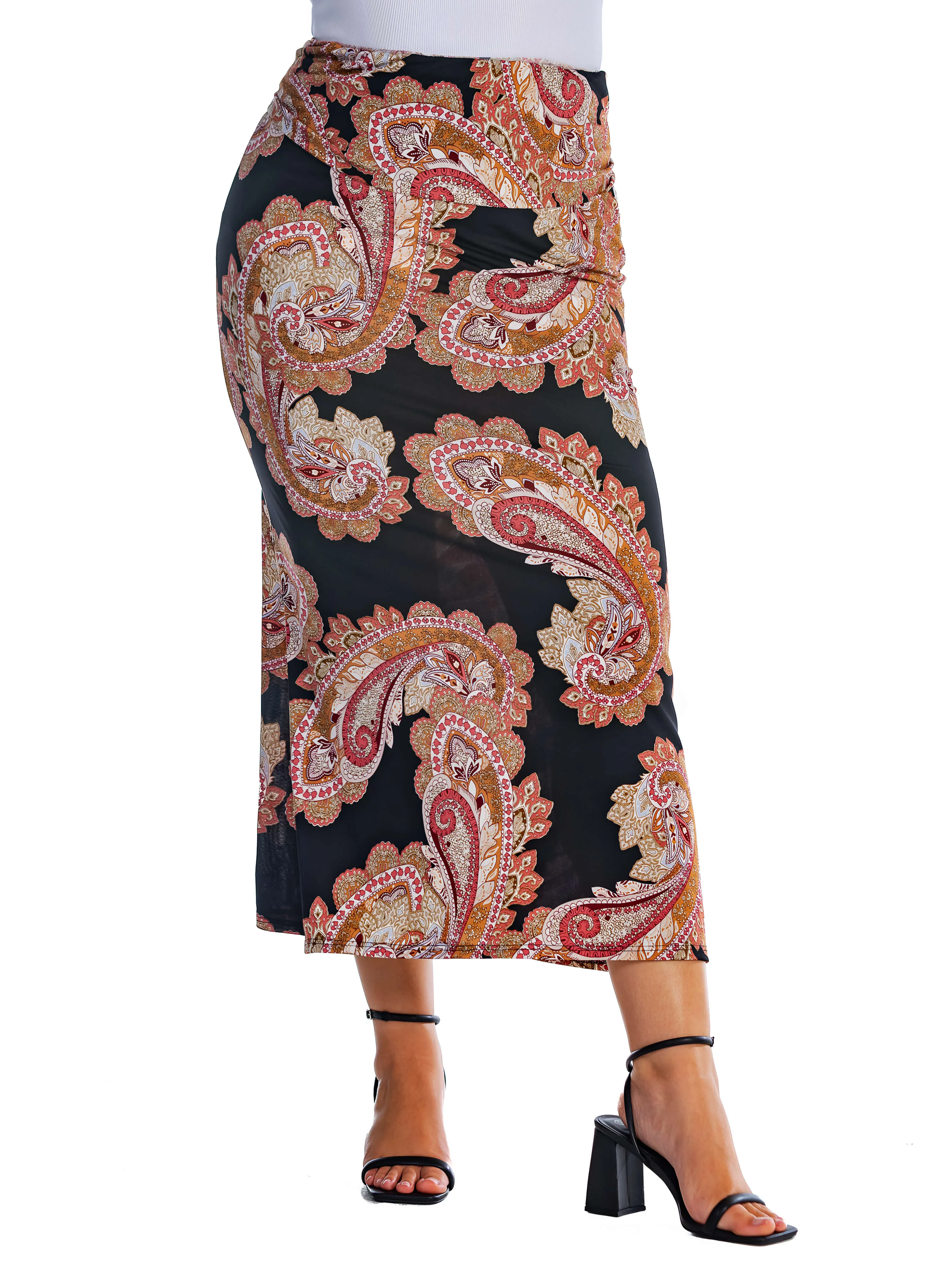 Black Paisley Print Foldover Plus Size Maxi Skirt sold by 24/7 Comfort Apparel product image thumbnail 2