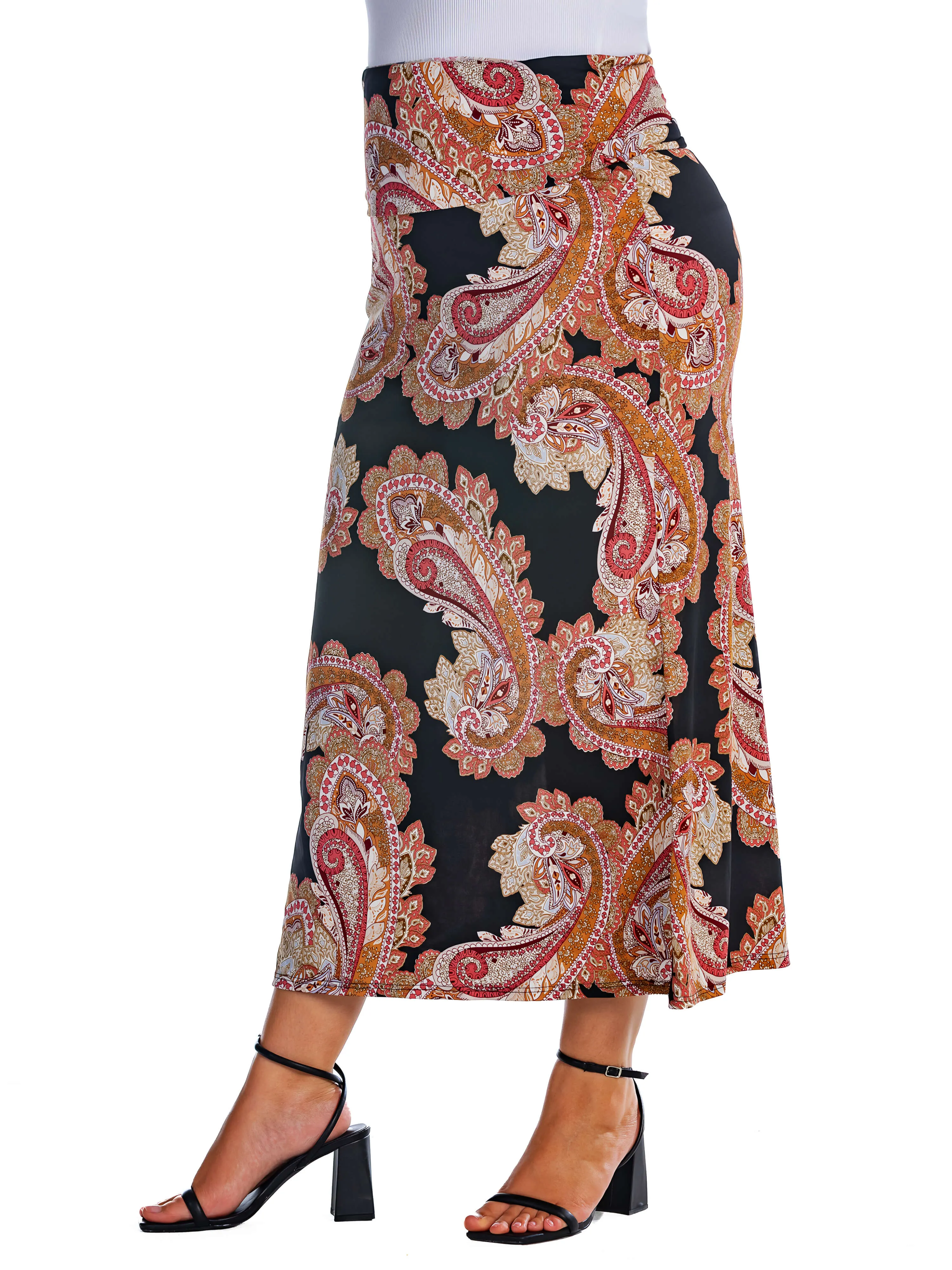 Black Paisley Print Foldover Plus Size Maxi Skirt sold by 24/7 Comfort Apparel