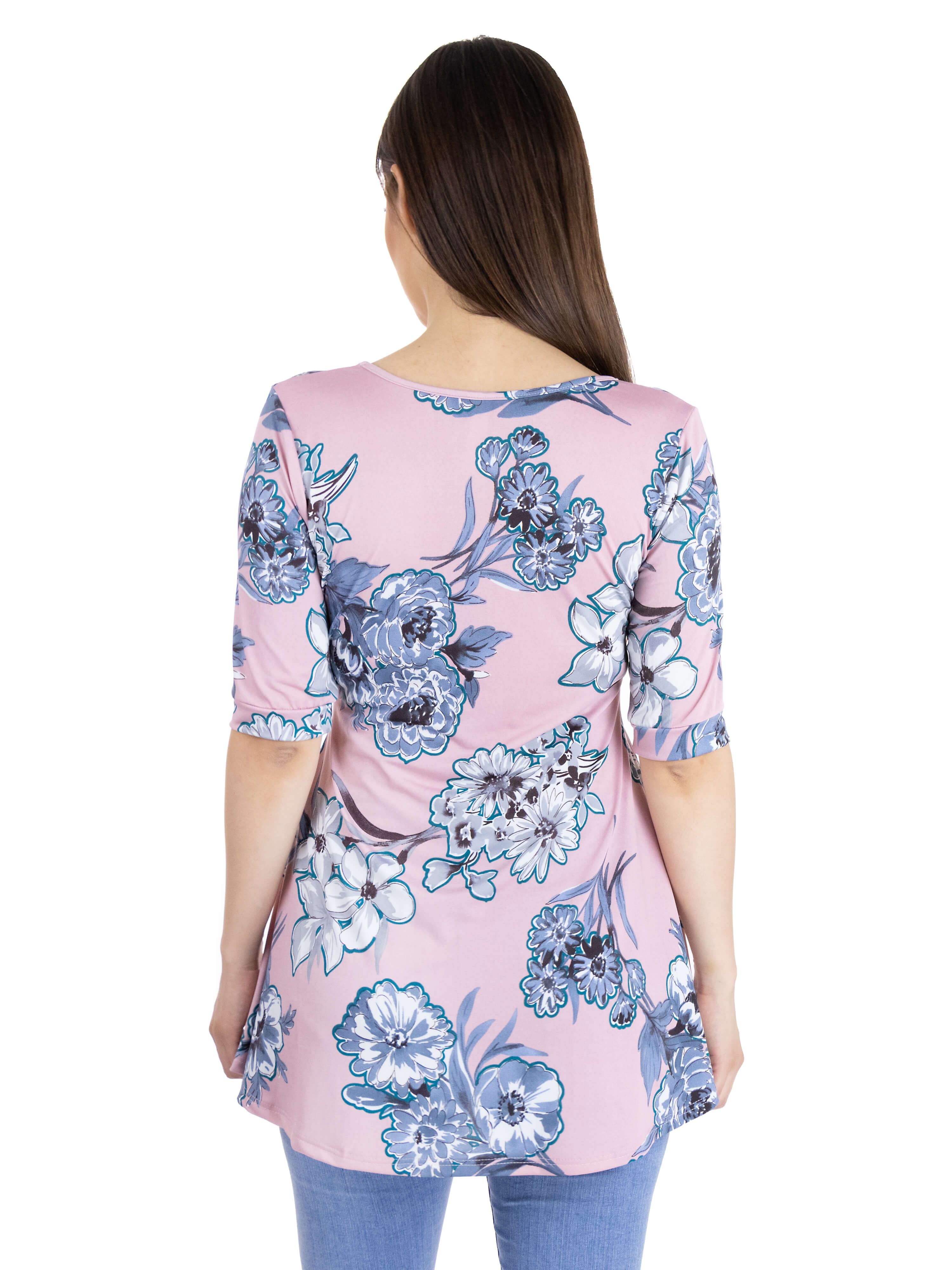 Flared Rose Pink Floral Elbow Sleeve Maternity Tunic Top sold by 24/7 Comfort Apparel product image thumbnail 3
