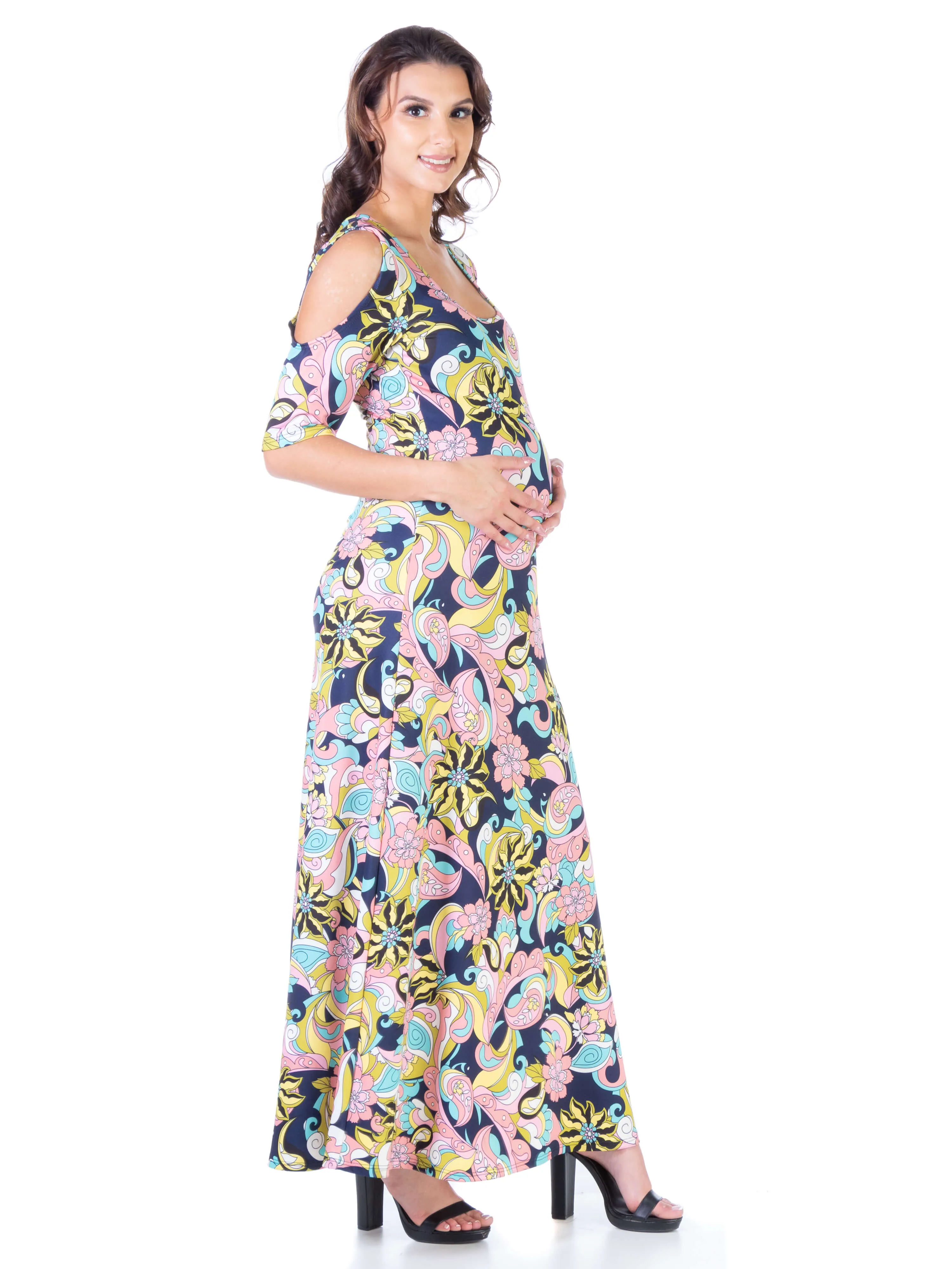 Floral Cold Shoulder Flowy Casual Maternity Maxi Dress sold by 24/7 Comfort Apparel product image thumbnail 2