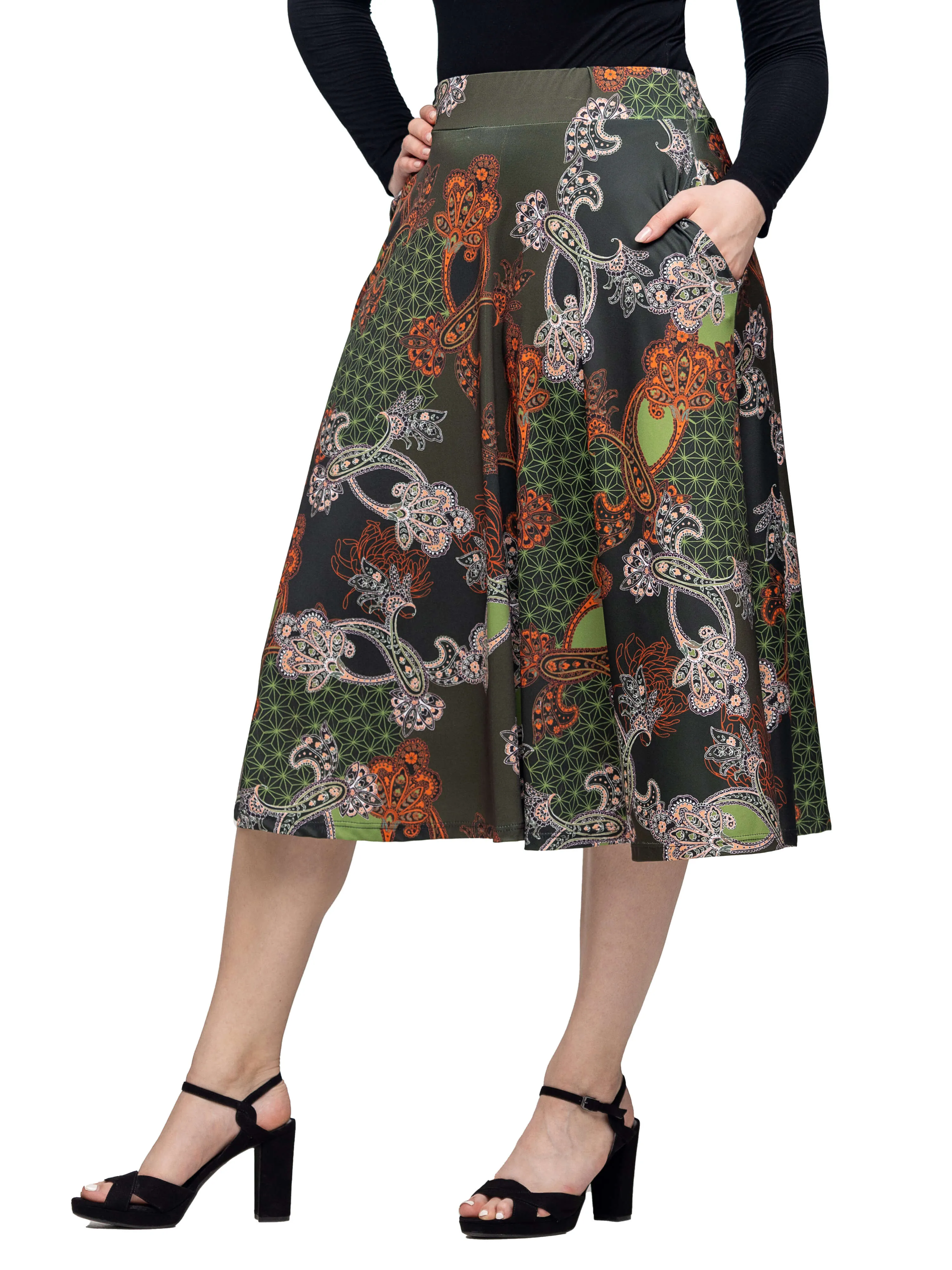 Green Print Elastic Waist Pocket Midi Skirt sold by 24/7 Comfort Apparel product image thumbnail 5