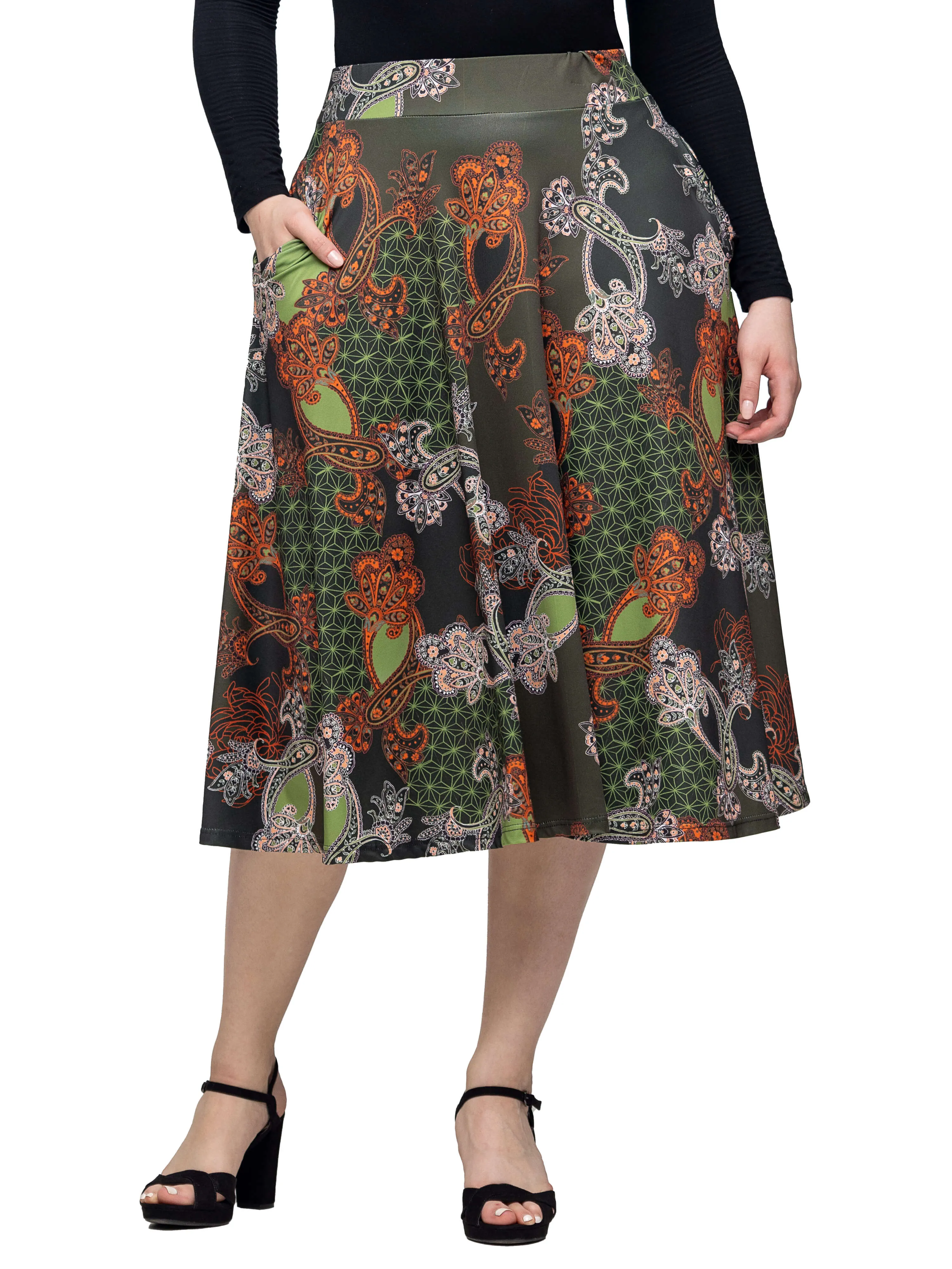 Green Print Elastic Waist Pocket Midi Skirt sold by 24/7 Comfort Apparel product image thumbnail 4