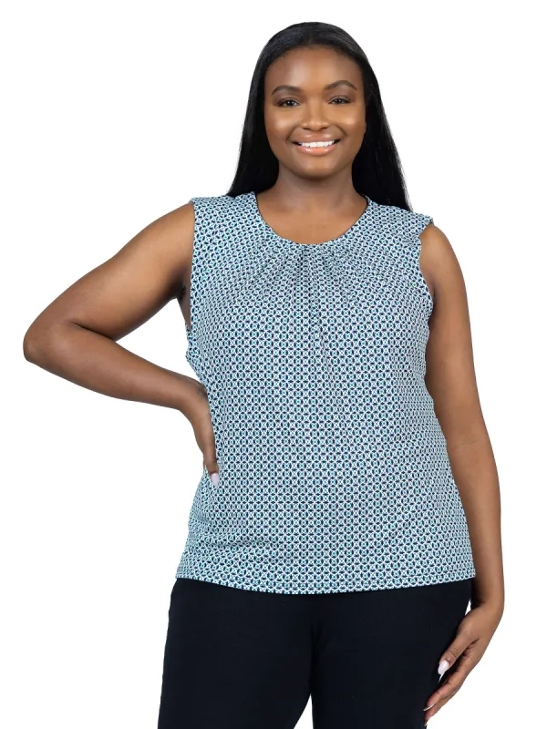 Plus Size Blue Print Pleated Crew Neckline Back Closure Sleeveless Top sold by 24/7 Comfort Apparel