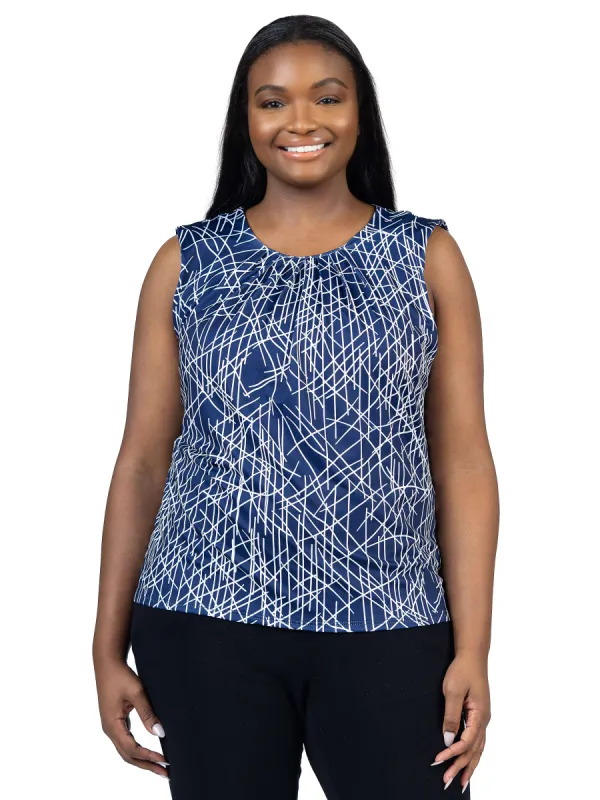 Plus Size Navy Print Pleated Crew Neckline Back Closure Sleeveless Top sold by 24/7 Comfort Apparel