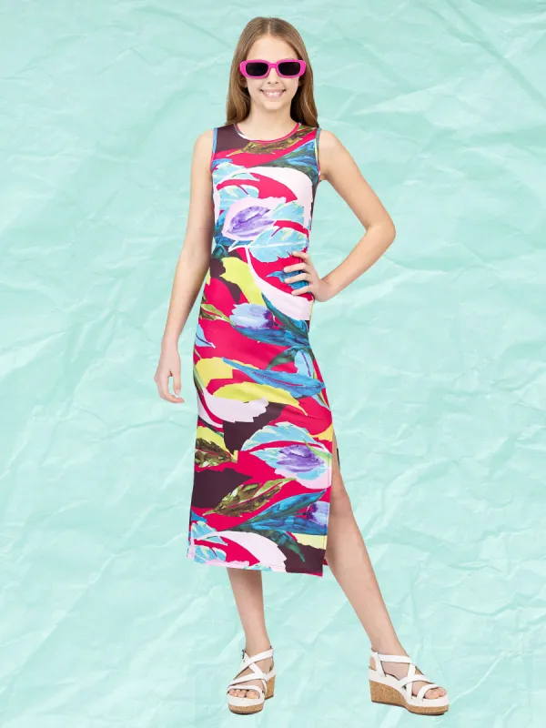 24sevenkid Girls Pink Floral Print Side Slit Maxi Dress sold by 24/7 Comfort Apparel