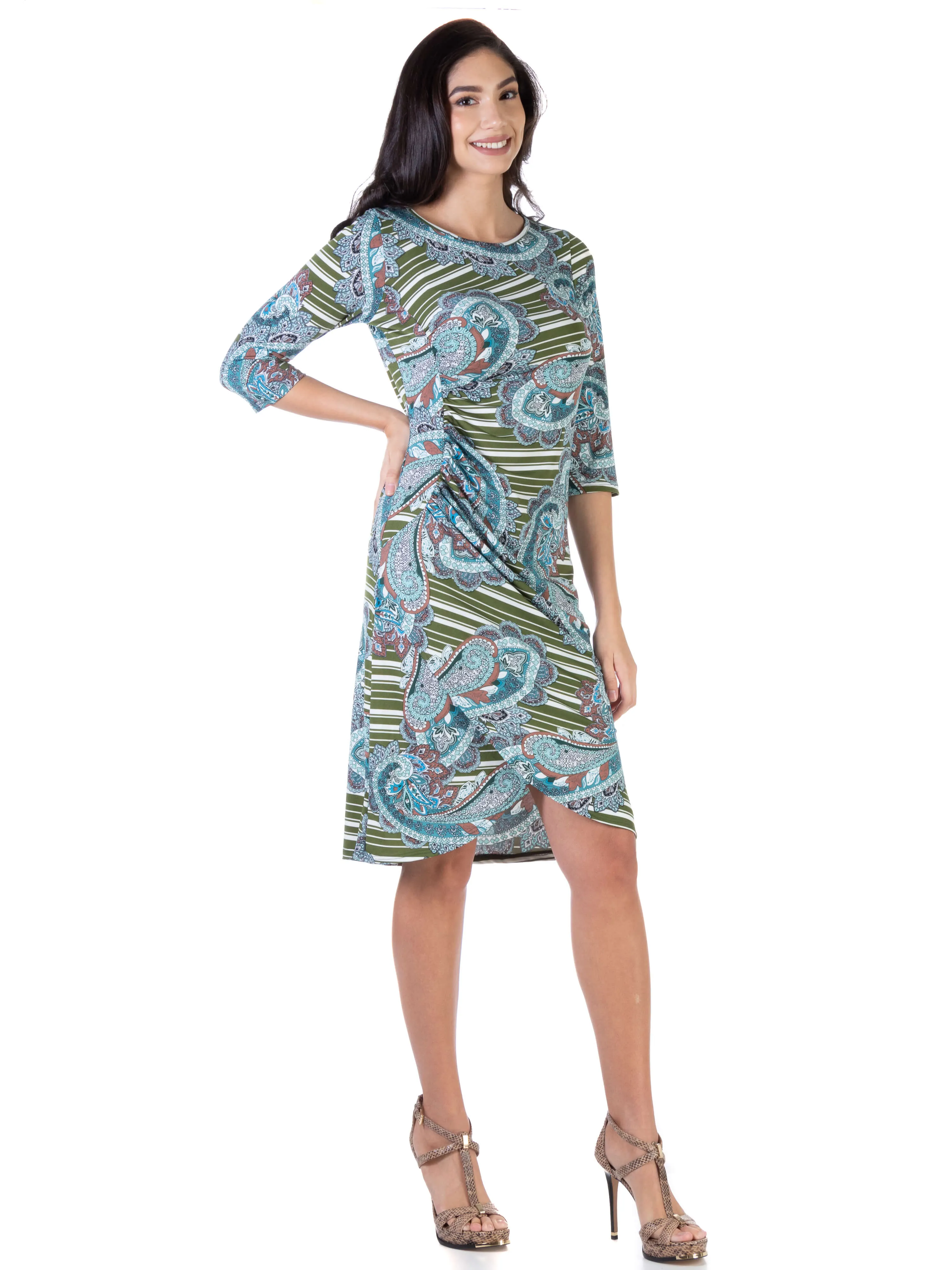 Paisley Elbow Sleeve Ruched Tulip Skirt Knee Length Dress sold by 24/7 Comfort Apparel product image thumbnail 2