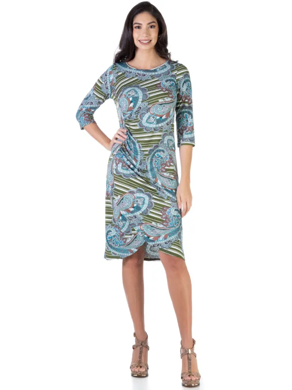 Paisley Elbow Sleeve Ruched Tulip Skirt Knee Length Dress sold by 24/7 Comfort Apparel