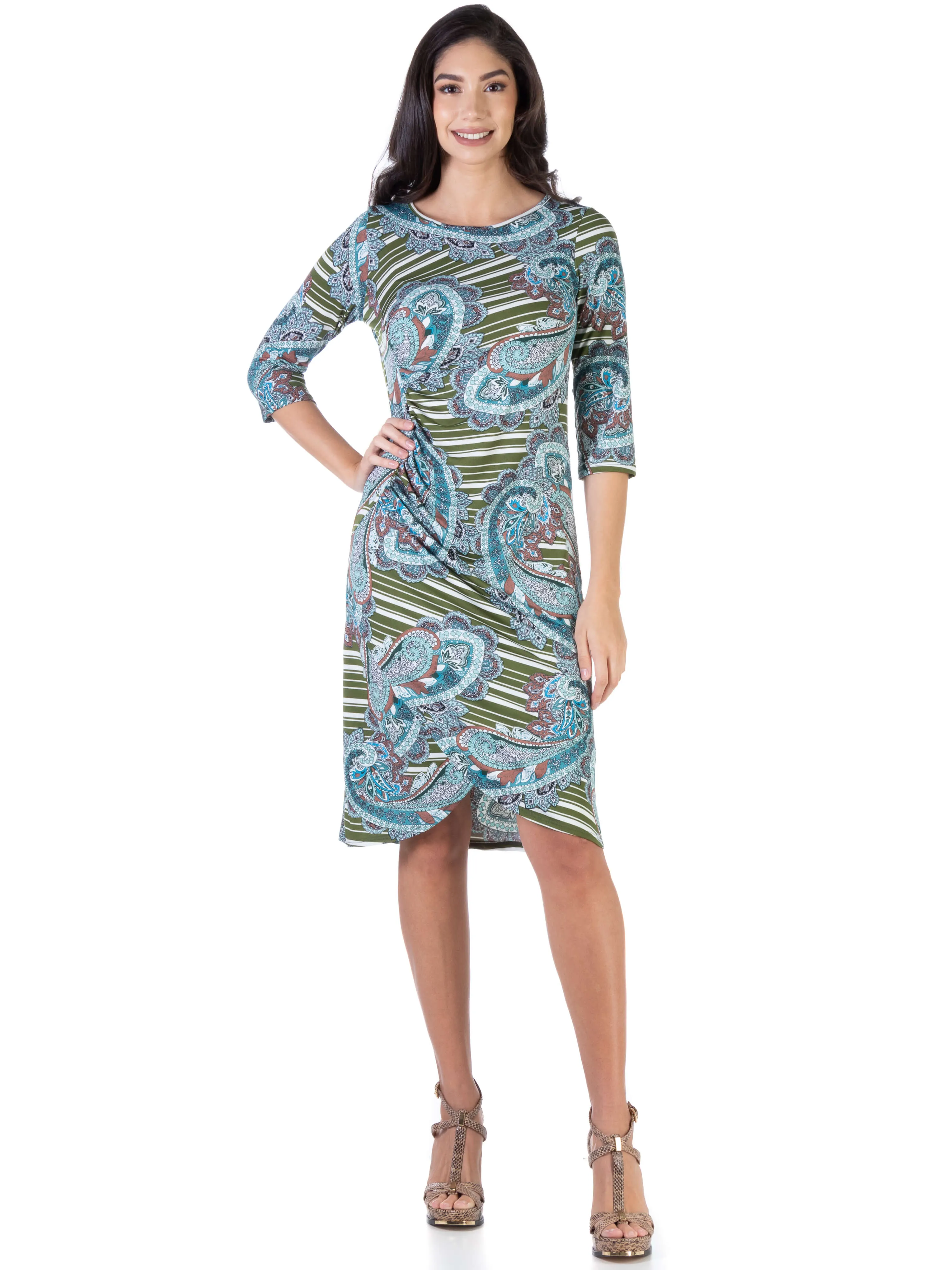 Paisley Elbow Sleeve Ruched Tulip Skirt Knee Length Dress sold by 24/7 Comfort Apparel