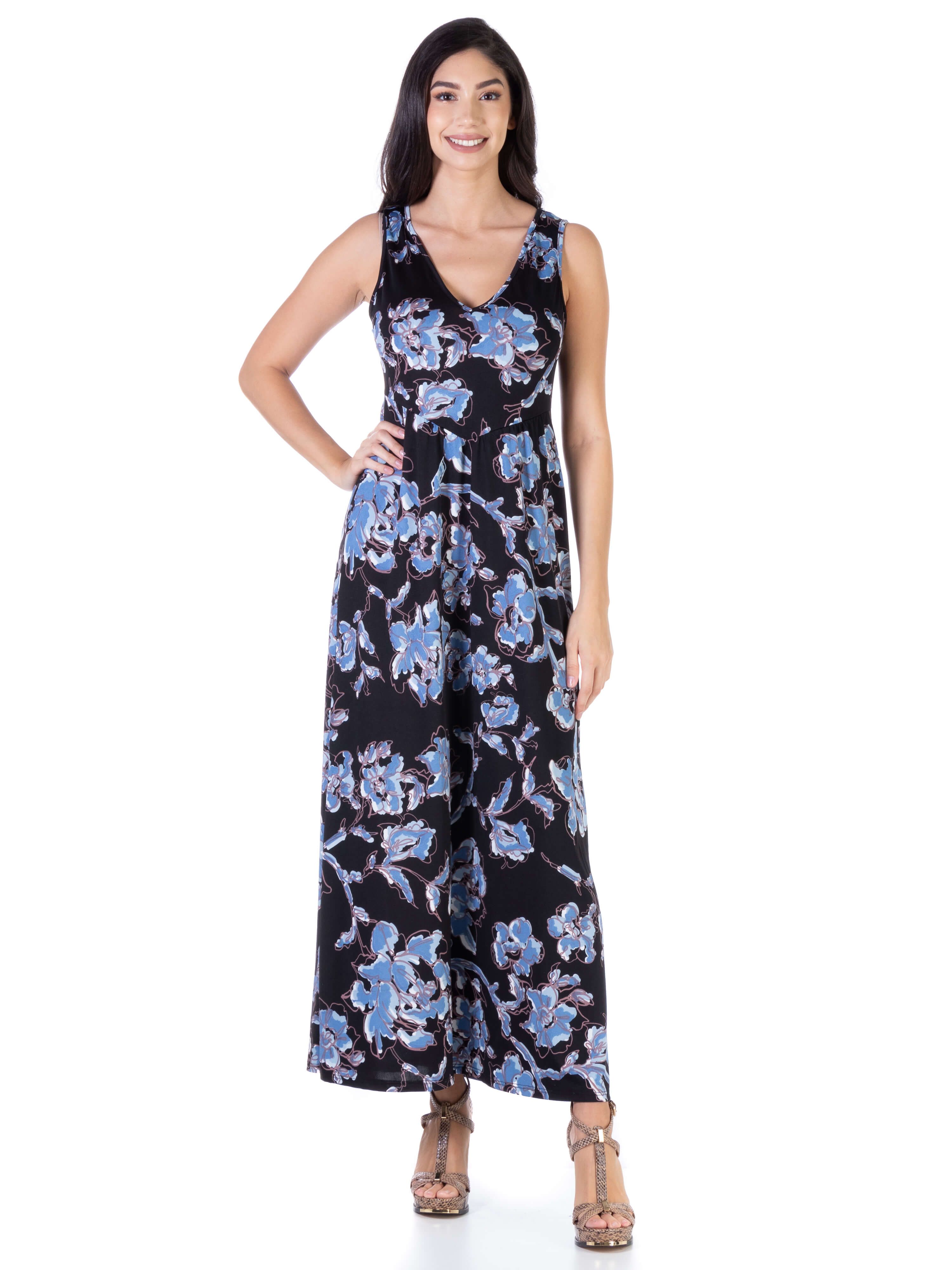 Black Floral Sleeveless Pleated Maxi Dress With Pockets sold by 24/7 Comfort Apparel