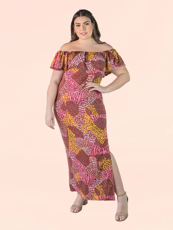 Plus Size Off Shoulder Pink Abstract Print Maxi Side Slit Dress sold by 24/7 Comfort Apparel