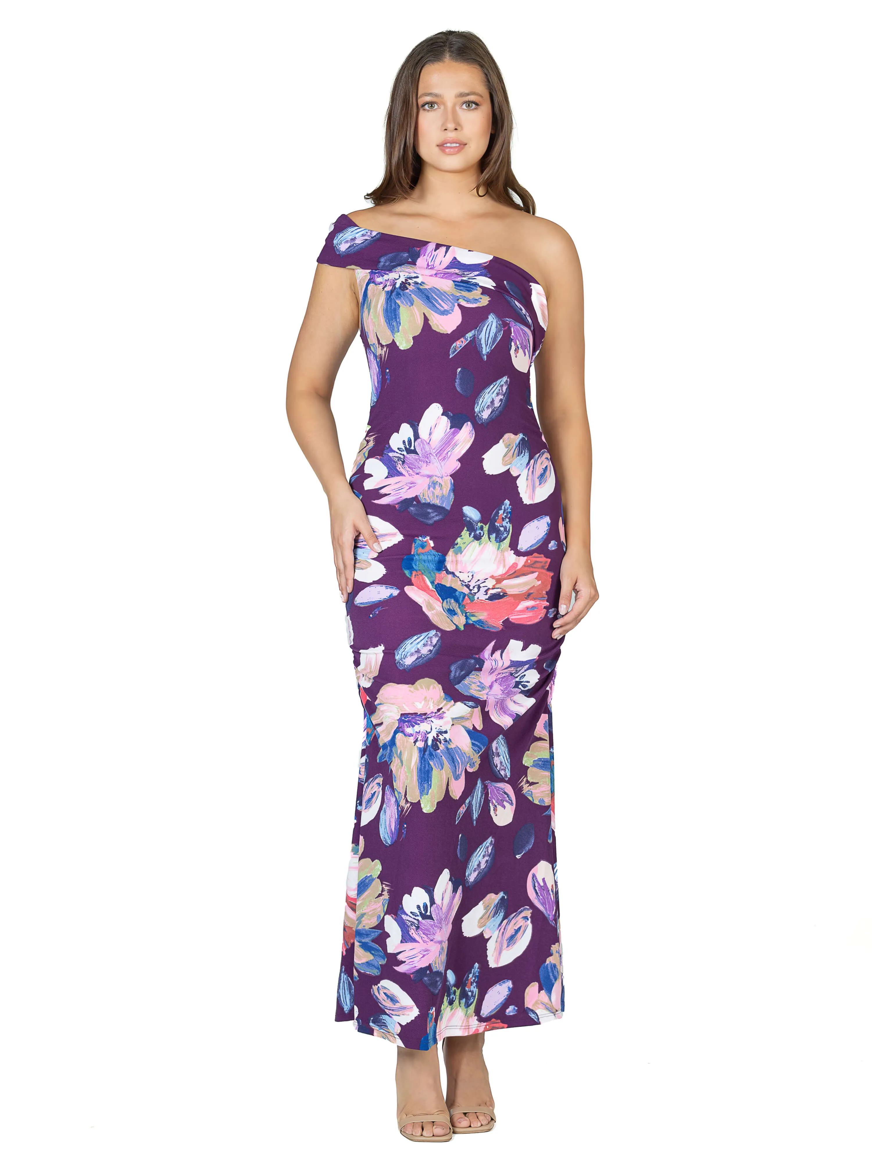 Purple Floral One Shoulder Rouched Mermaid Maxi Dress sold by 24/7 Comfort Apparel product image thumbnail 3