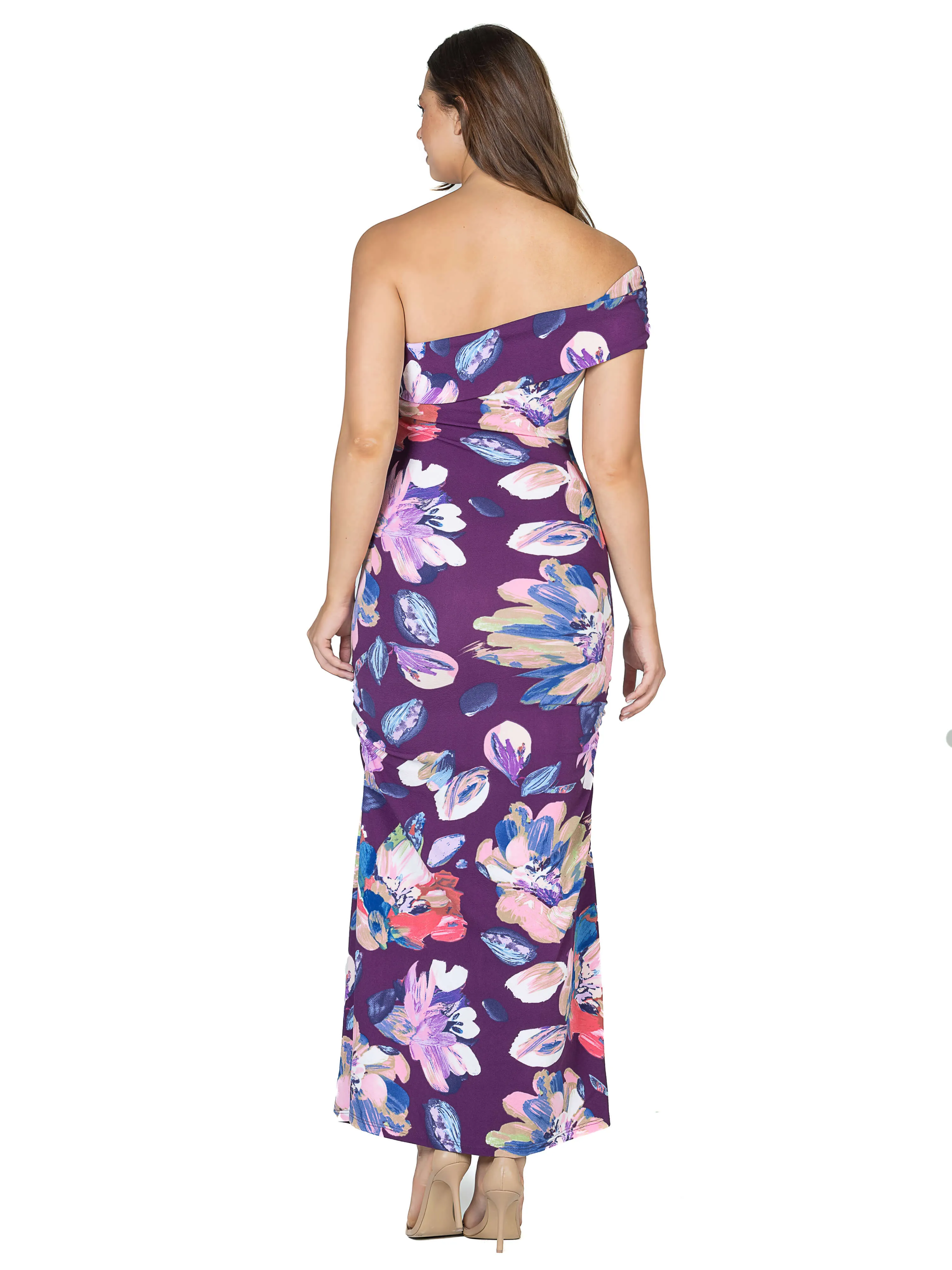 Purple Floral One Shoulder Rouched Mermaid Maxi Dress sold by 24/7 Comfort Apparel product image thumbnail 5