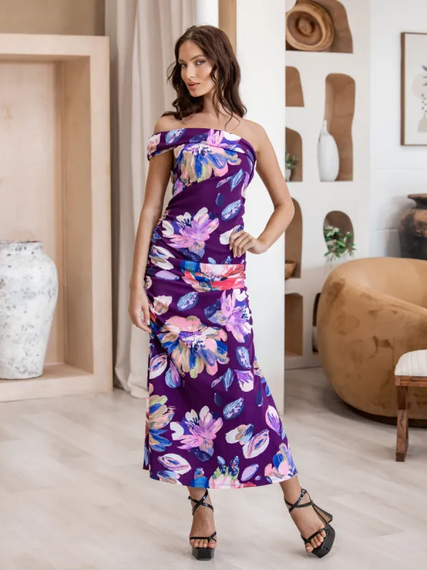 Purple Floral One Shoulder Rouched Mermaid Maxi Dress sold by 24/7 Comfort Apparel