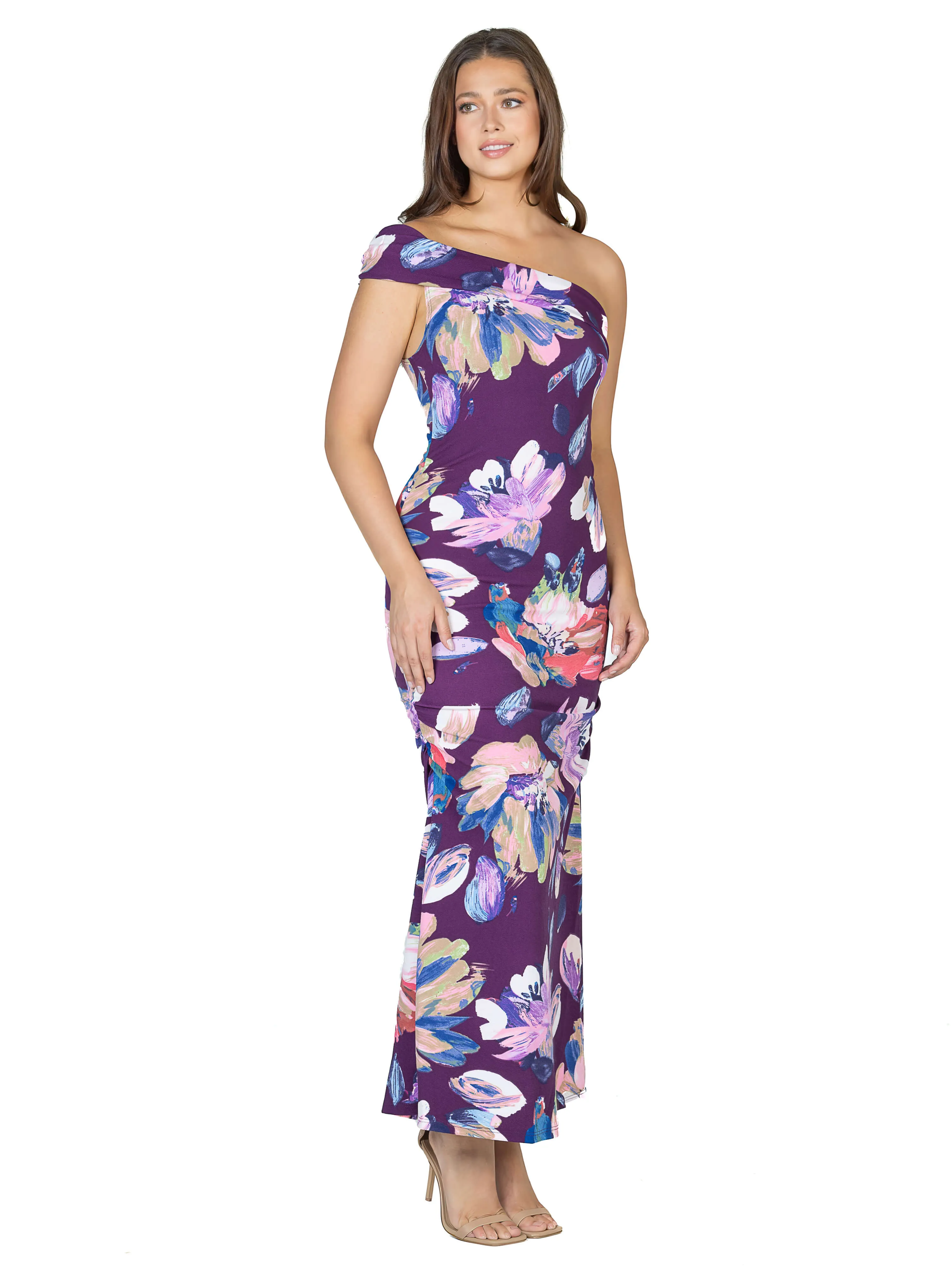 Purple Floral One Shoulder Rouched Mermaid Maxi Dress sold by 24/7 Comfort Apparel product image thumbnail 4