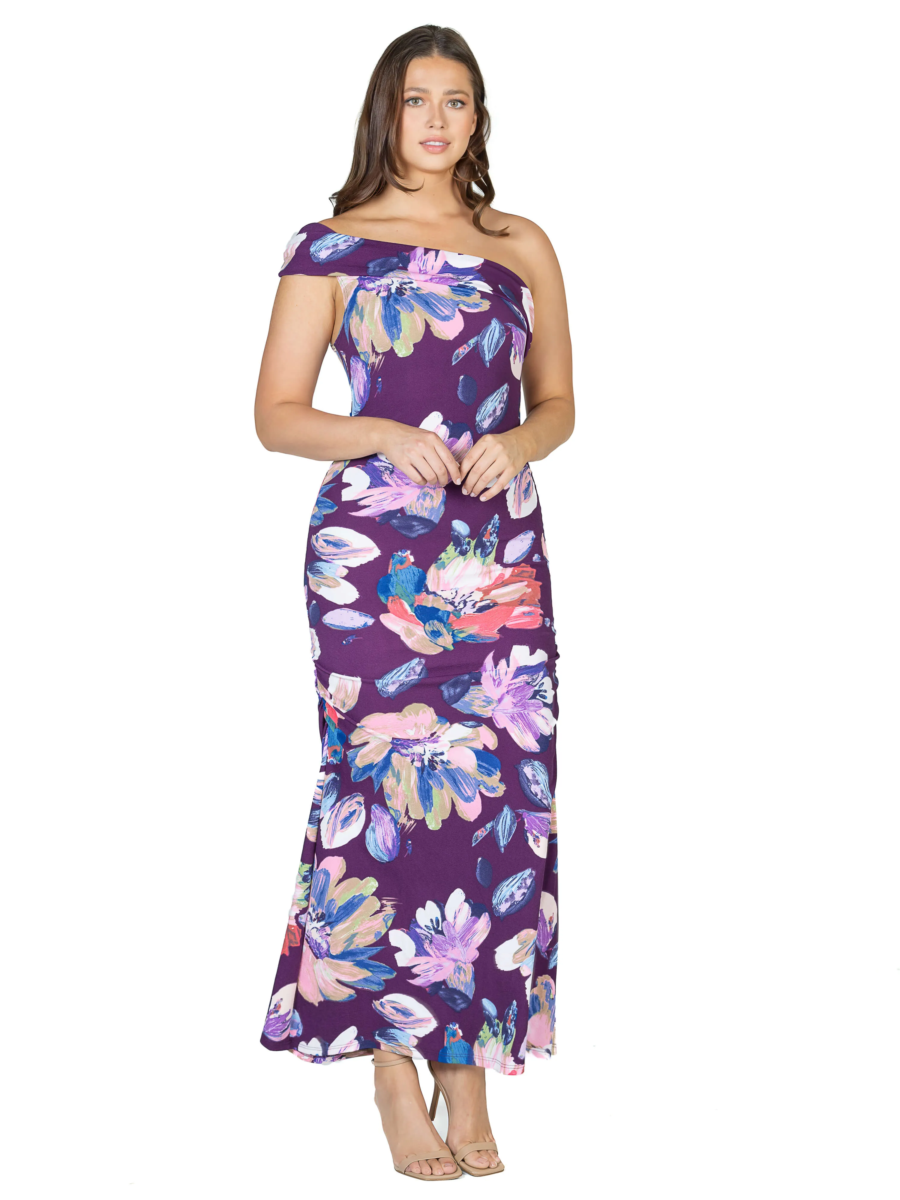Purple Floral One Shoulder Rouched Mermaid Maxi Dress sold by 24/7 Comfort Apparel product image thumbnail 2