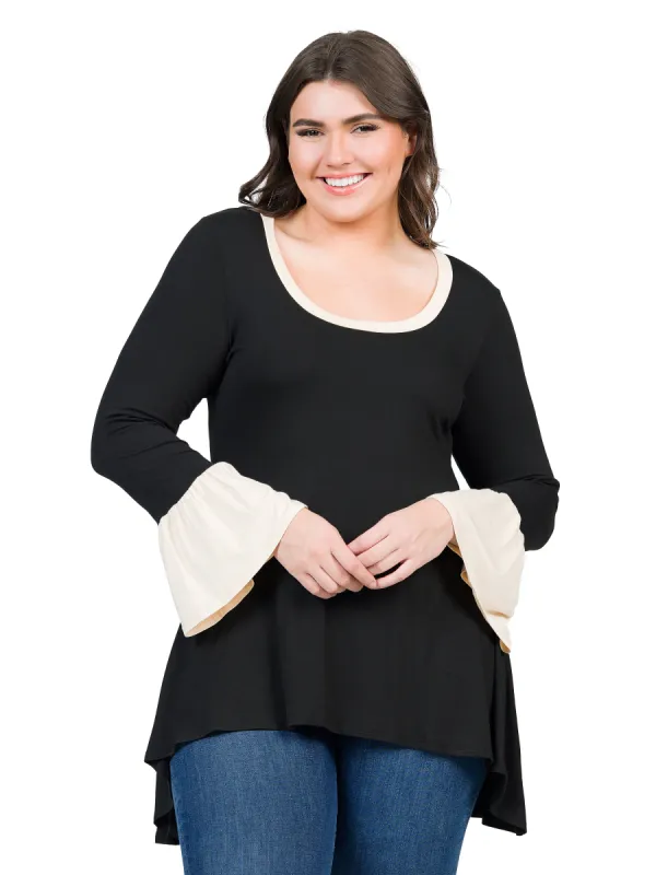 Black and Beige Bell Sleeve Hi Low Plus Size Tunic Top sold by 24/7 Comfort Apparel