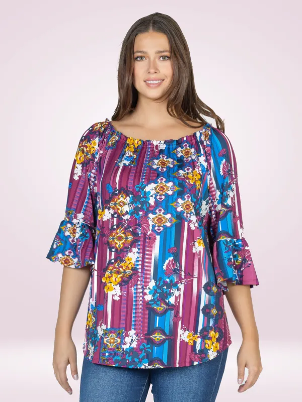 Womens Striped Floral Elastic Neckline Loose Fit Tunic Top sold by 24/7 Comfort Apparel