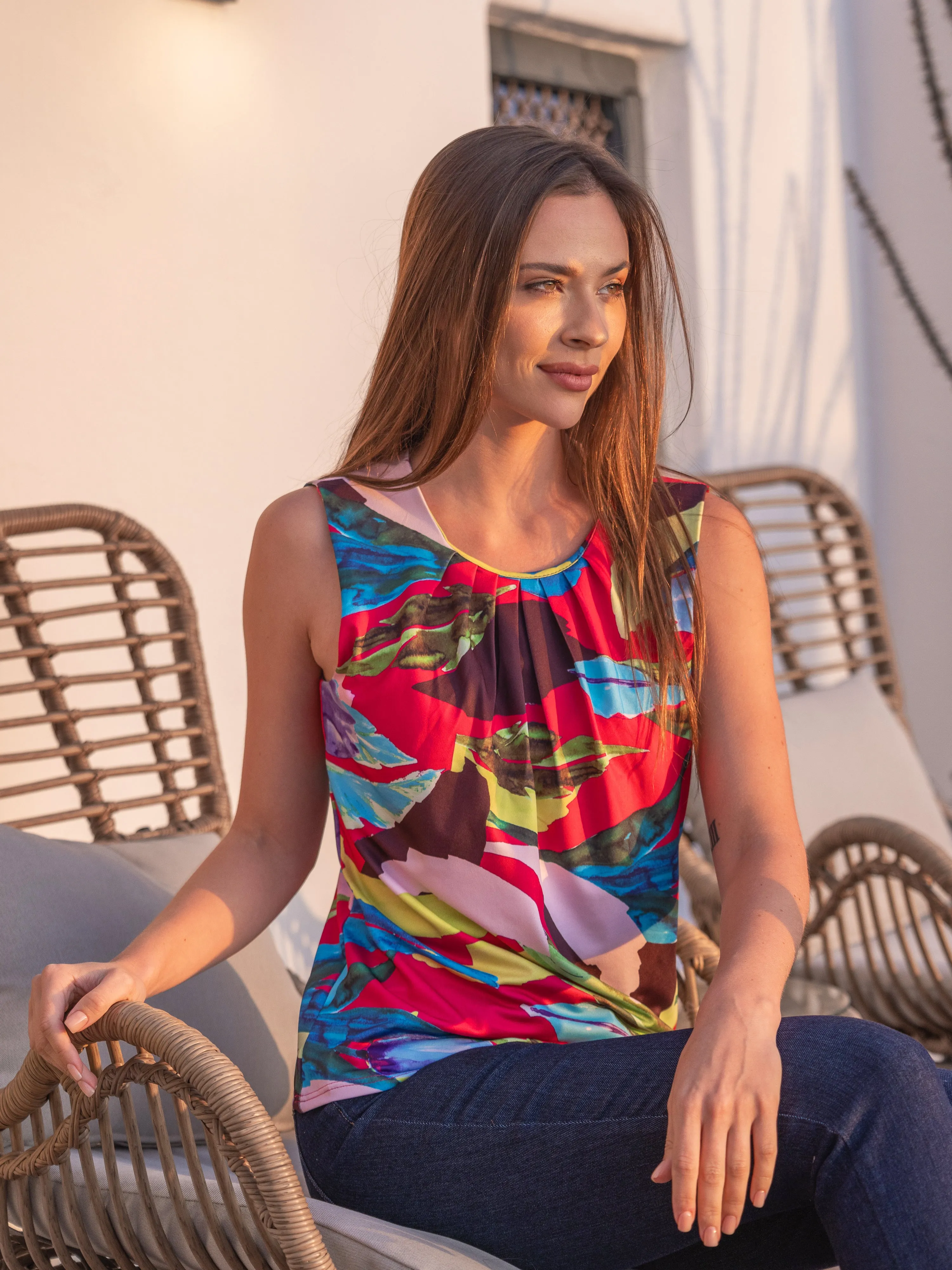 Womens Pink Pleated Crew Neckline Back Closure Sleeveless Top sold by 24/7 Comfort Apparel