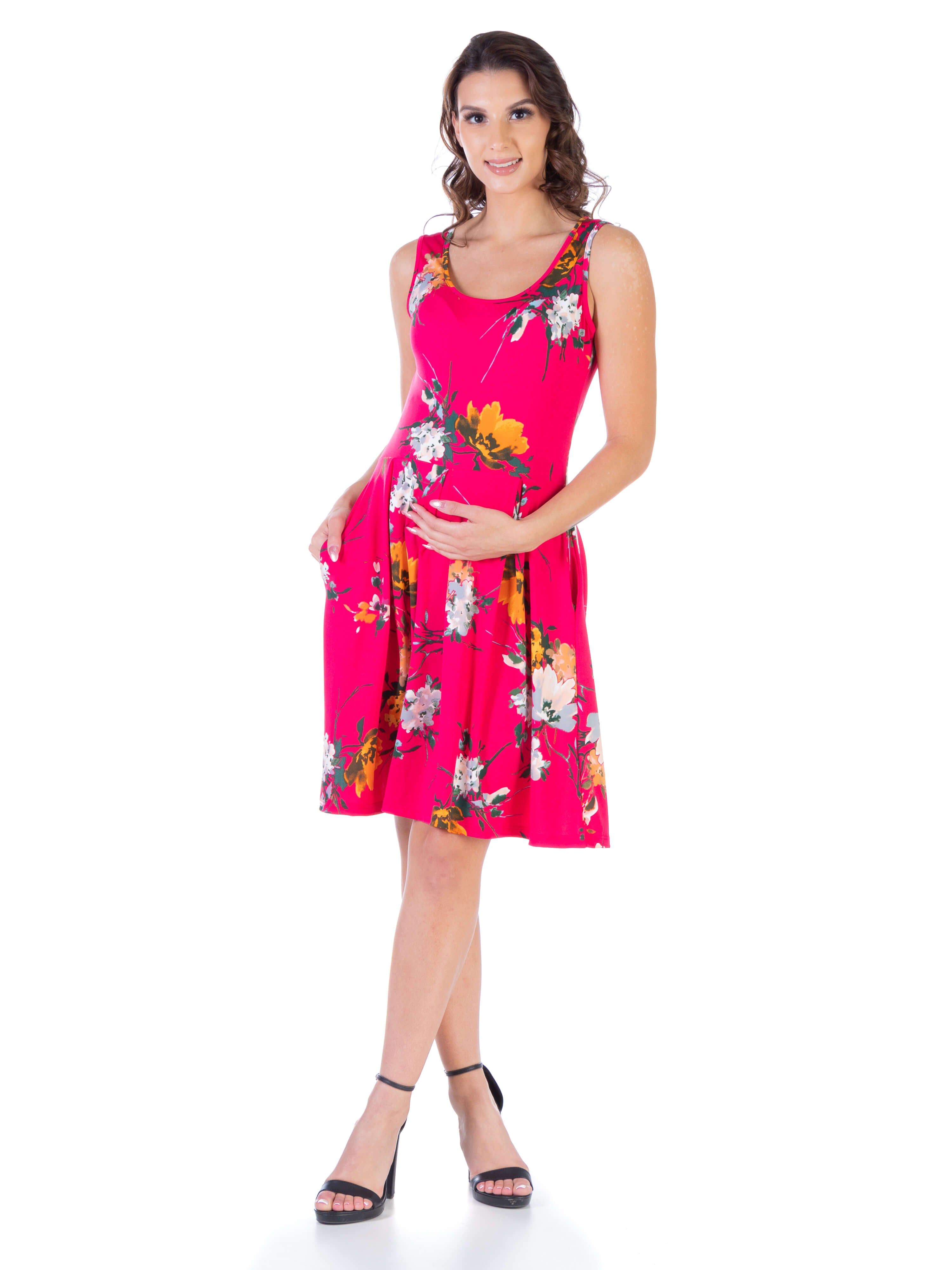 Floral Fuchsia Maternity Sleeveless Knee Length Pocket Dress sold by 24/7 Comfort Apparel product image thumbnail 2