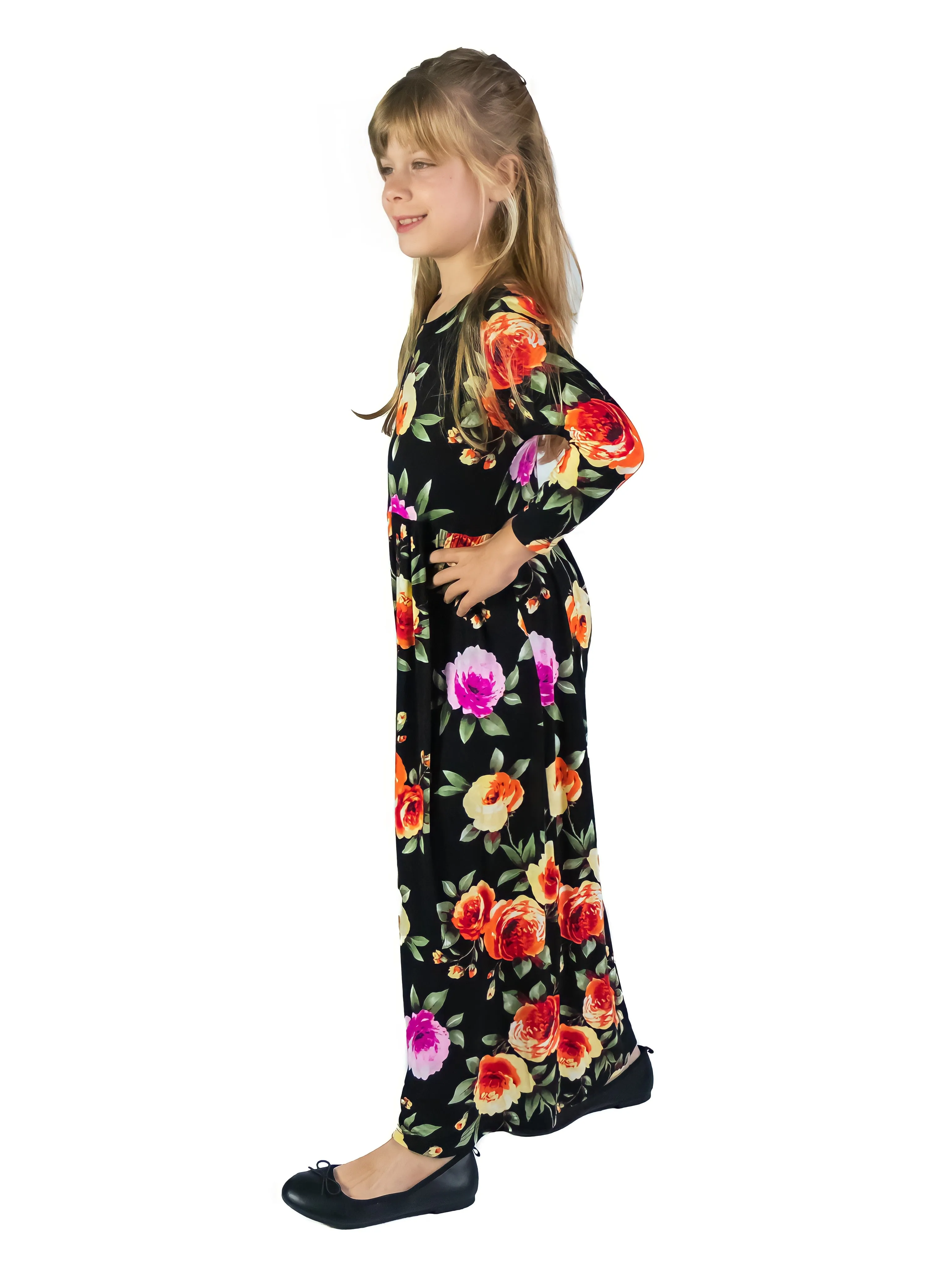 24seven Comfort Apparel Girls Floral Pleated Waist Maxi Dress Machine Washable sold by 24/7 Comfort Apparel product image thumbnail 4