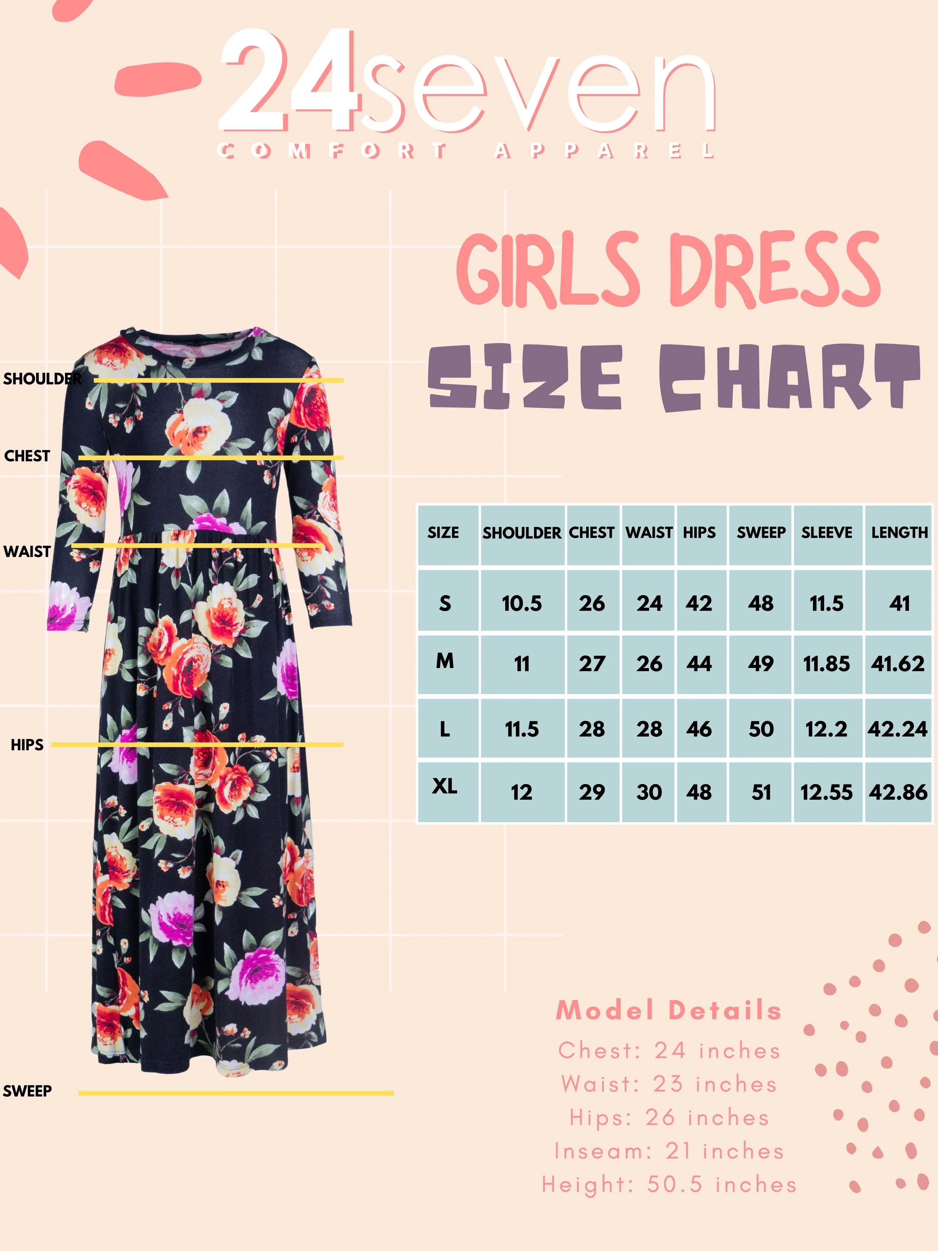 24seven Comfort Apparel Girls Floral Pleated Waist Maxi Dress Machine Washable sold by 24/7 Comfort Apparel product image thumbnail 3