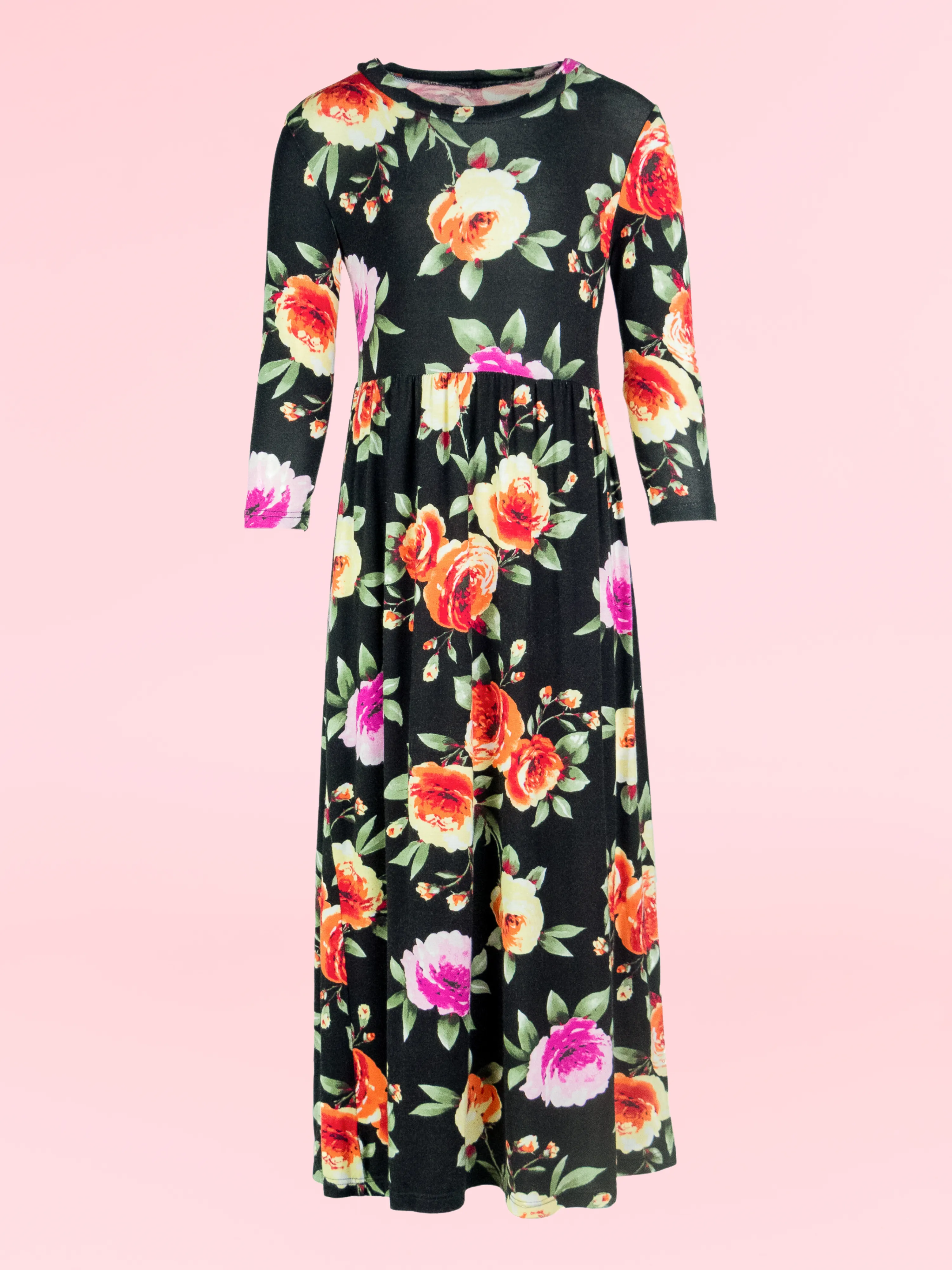 24seven Comfort Apparel Girls Floral Pleated Waist Maxi Dress Machine Washable sold by 24/7 Comfort Apparel product image thumbnail 2