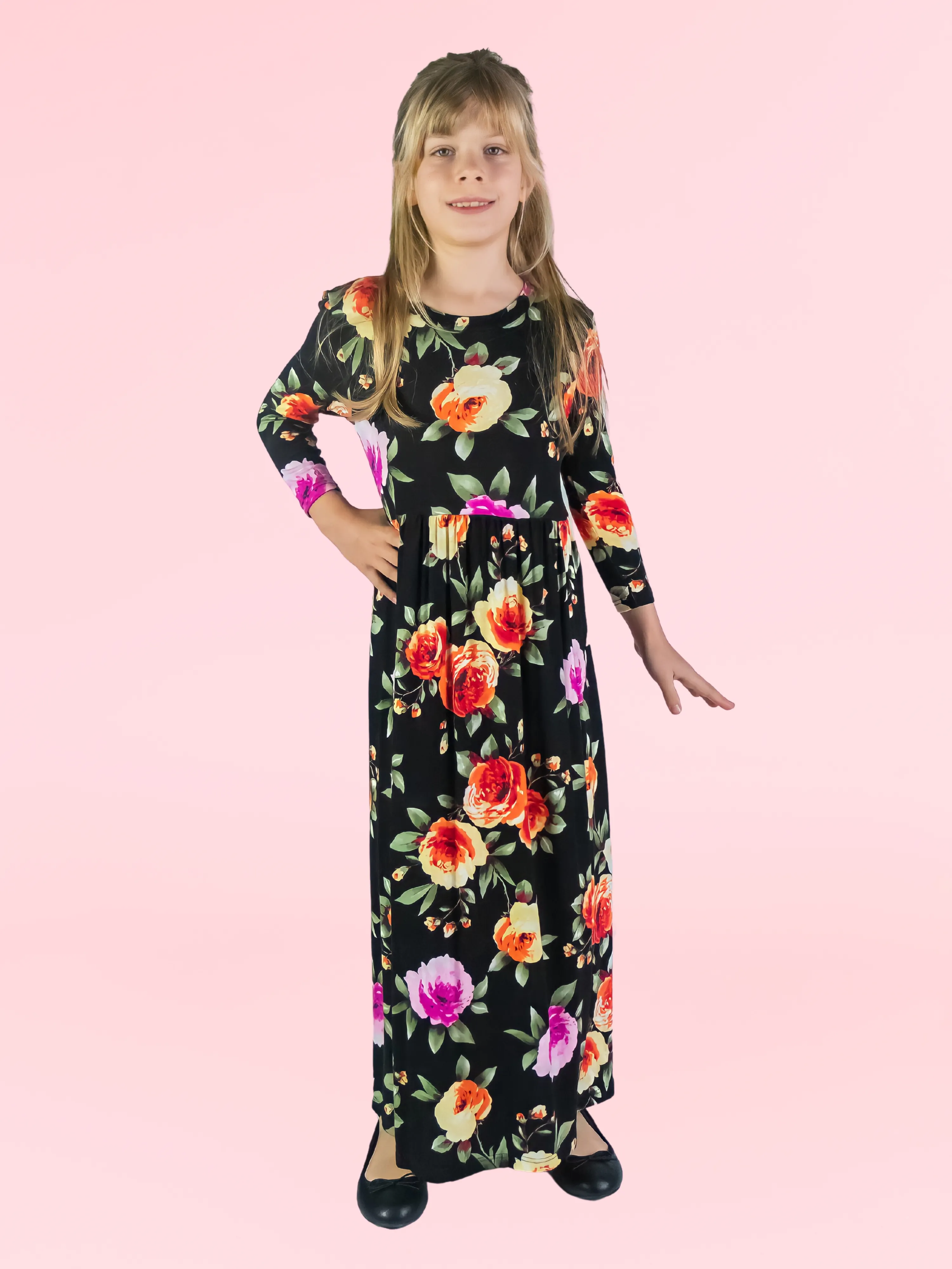 24seven Comfort Apparel Girls Floral Pleated Waist Maxi Dress Machine Washable sold by 24/7 Comfort Apparel