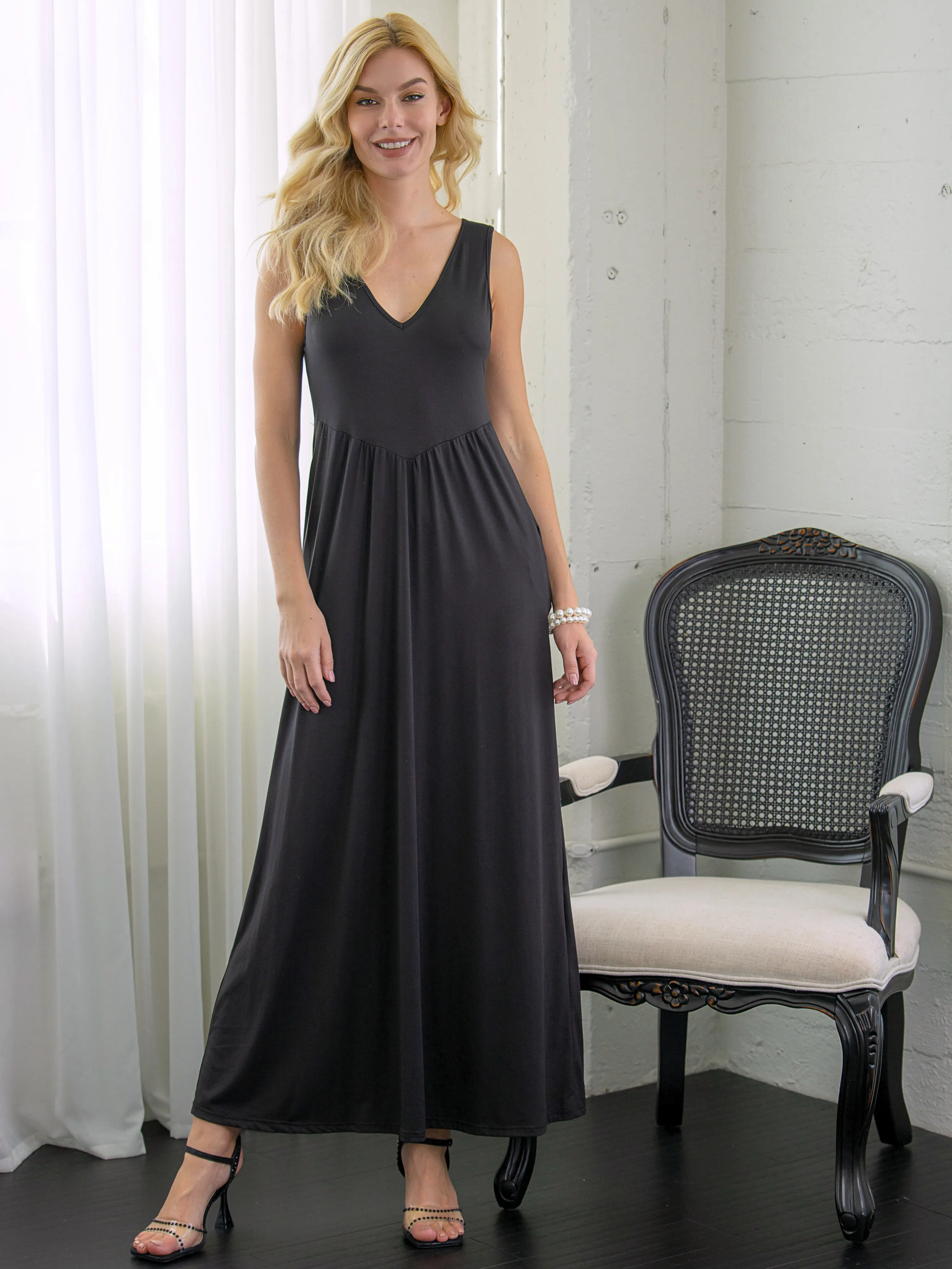 Sleeveless V Neck Maxi Dress with Pocket Detail sold by 24/7 Comfort Apparel