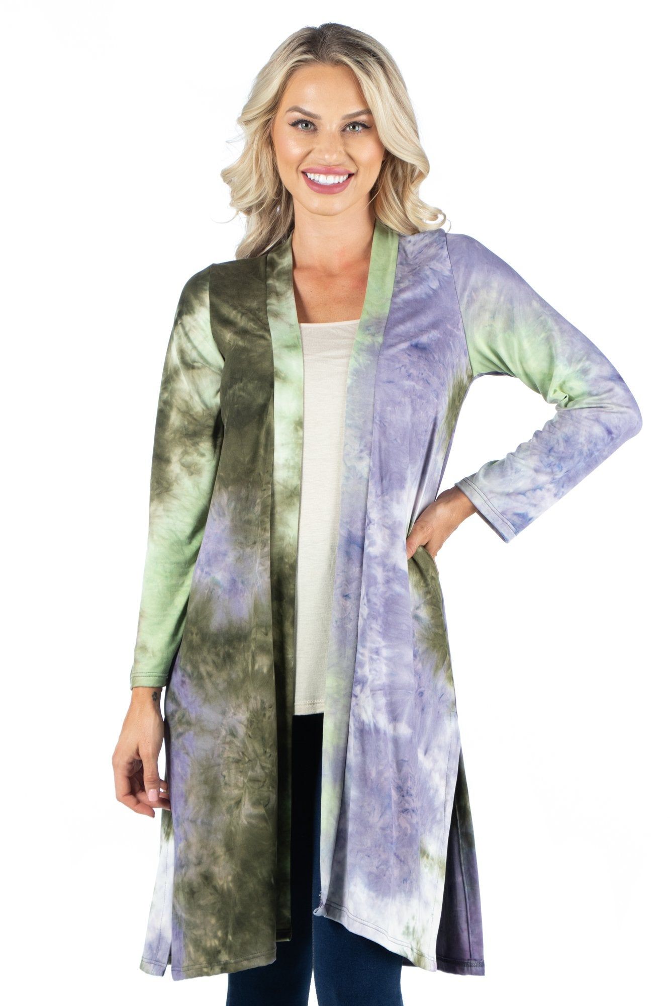 Open Front Knee Length Tie Dye Cardigan sold by 24/7 Comfort Apparel