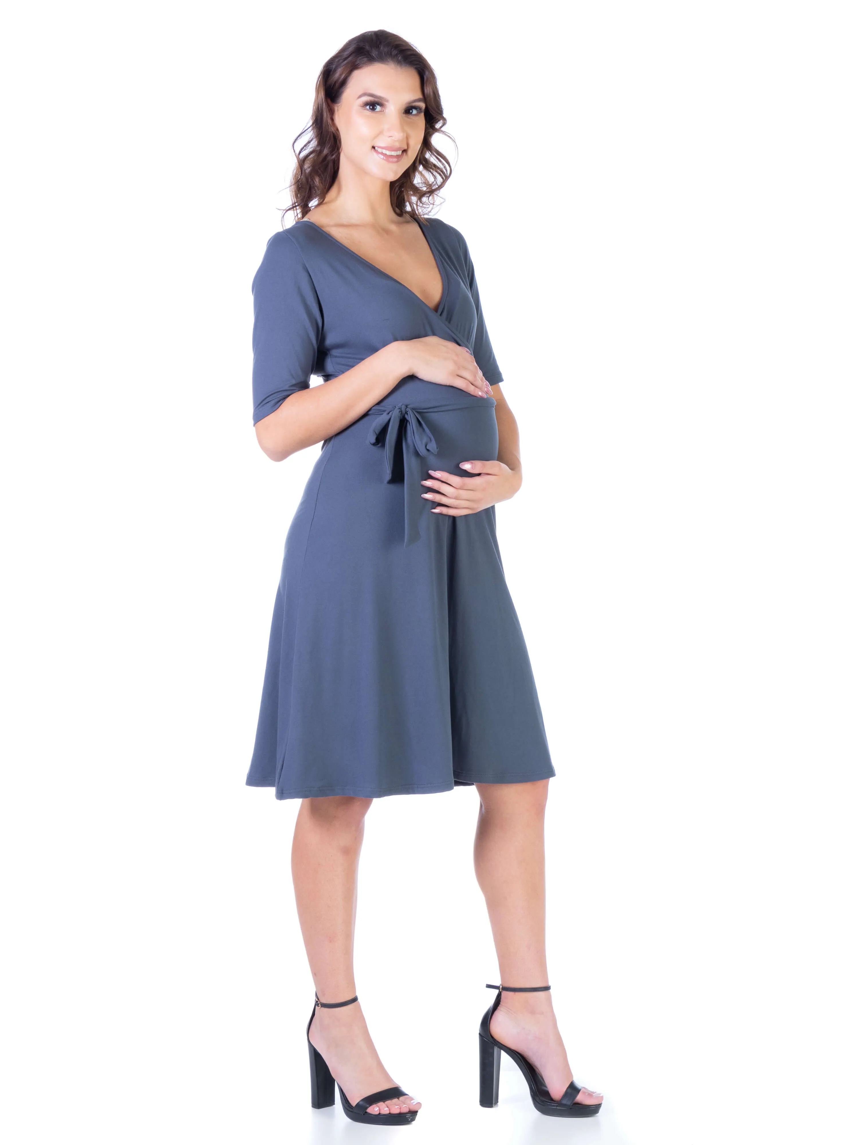 Simple Knee Length Maternity Faux Wrap Dress sold by 24/7 Comfort Apparel product image thumbnail 2