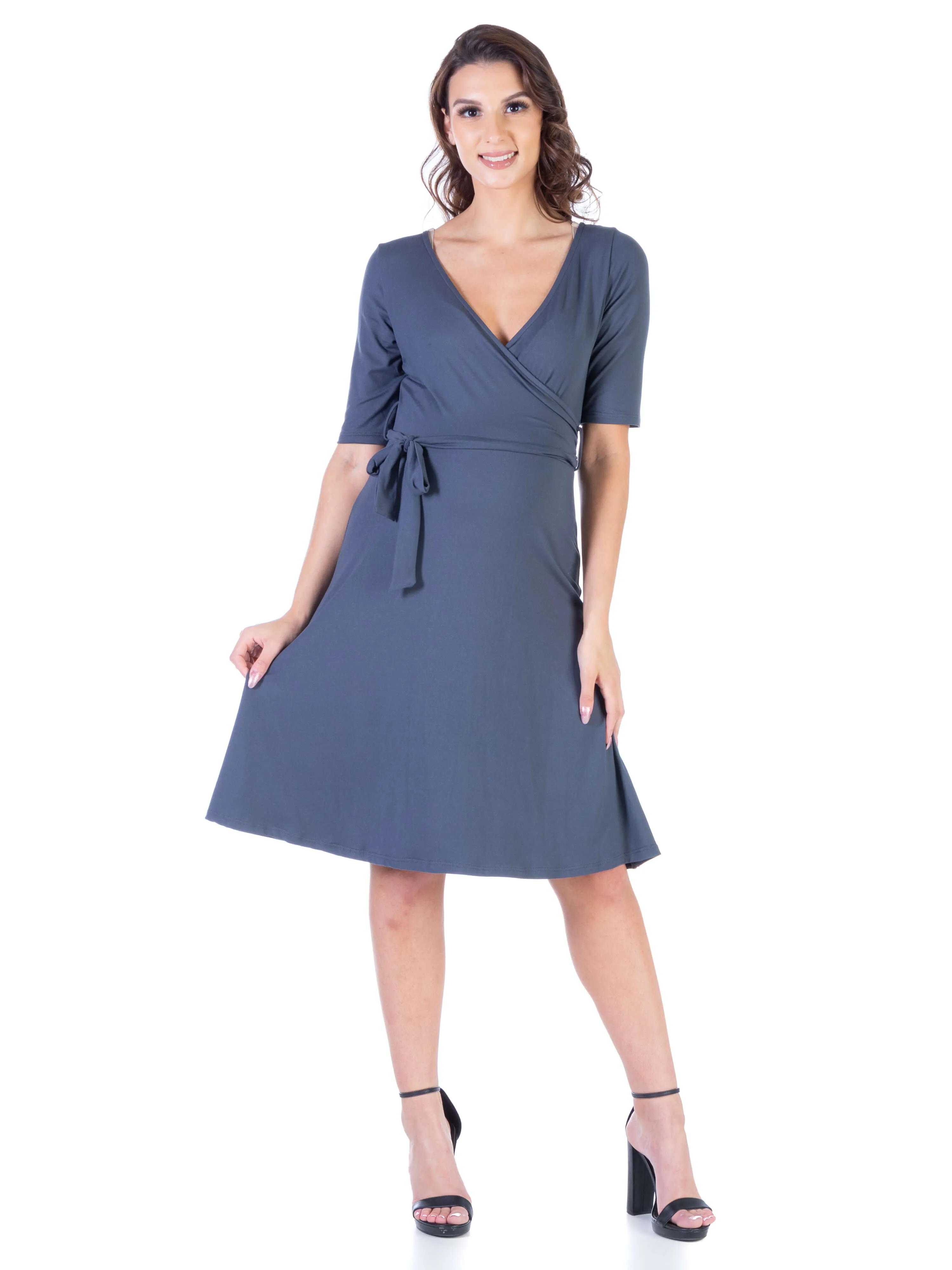 Simple Knee Length Maternity Faux Wrap Dress sold by 24/7 Comfort Apparel product image thumbnail 3