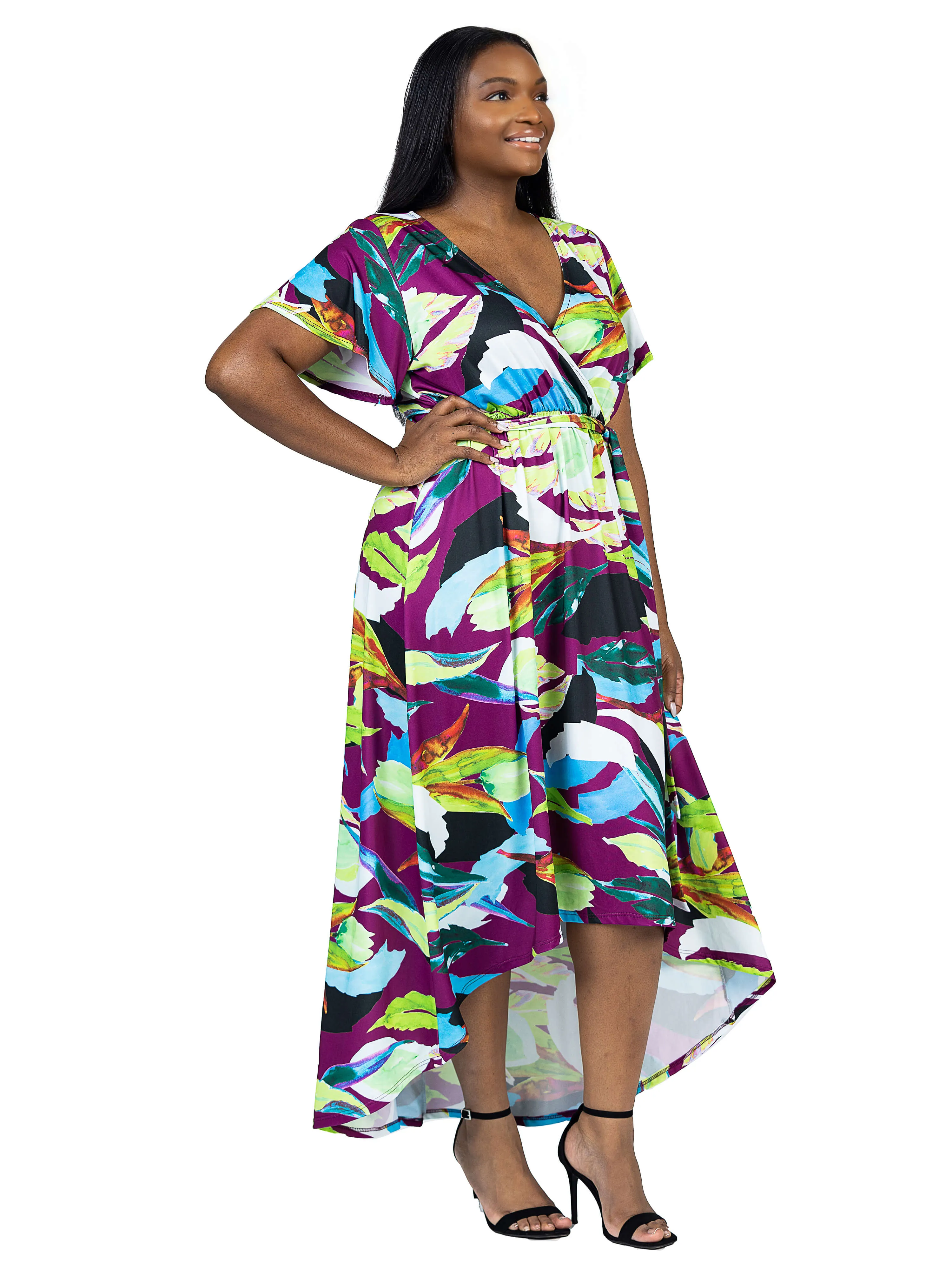 Plus Size Colorful Floral V Neck Belted High Low Faux Wrap Dress sold by 24/7 Comfort Apparel product image thumbnail 2