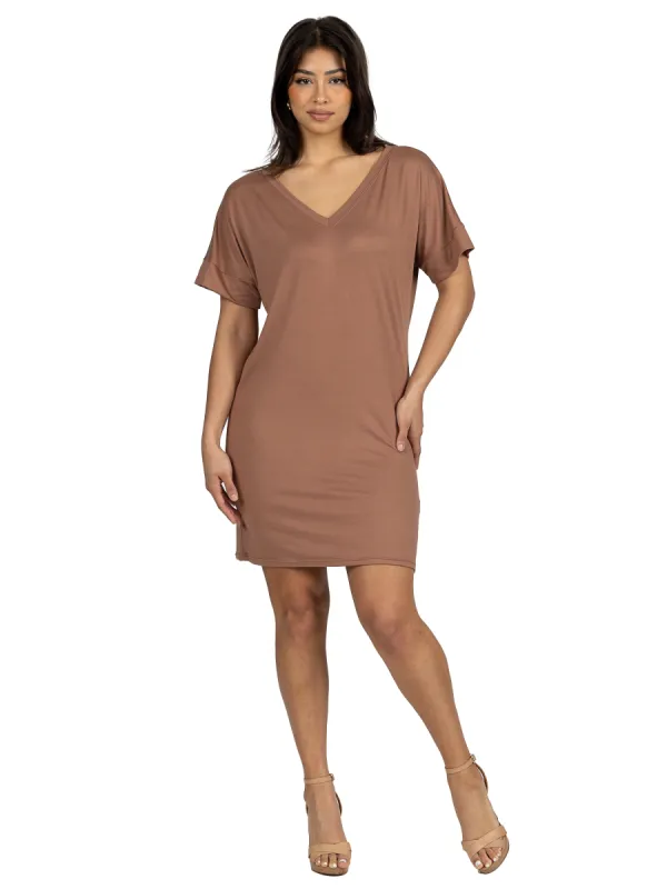 Solid Color Loose Fit V Neck T Shirt Style Womens Knee Length Dress sold by 24/7 Comfort Apparel