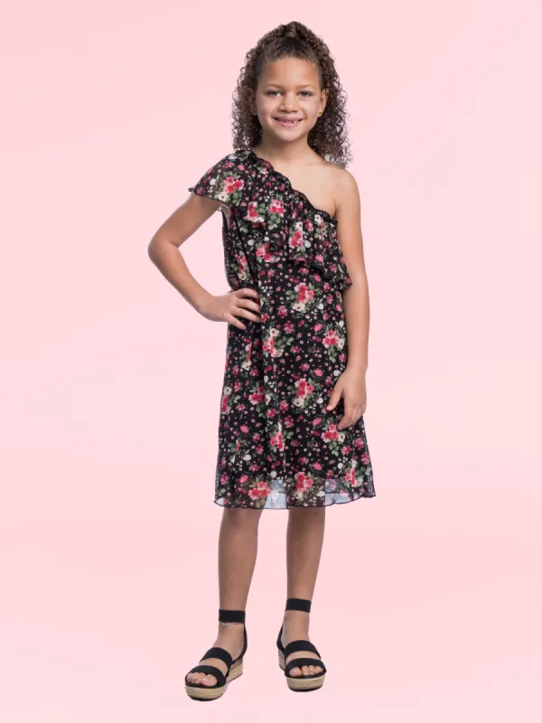 Girls Black Floral One Shoulder Ruffle Knee Length Dress sold by 24/7 Comfort Apparel