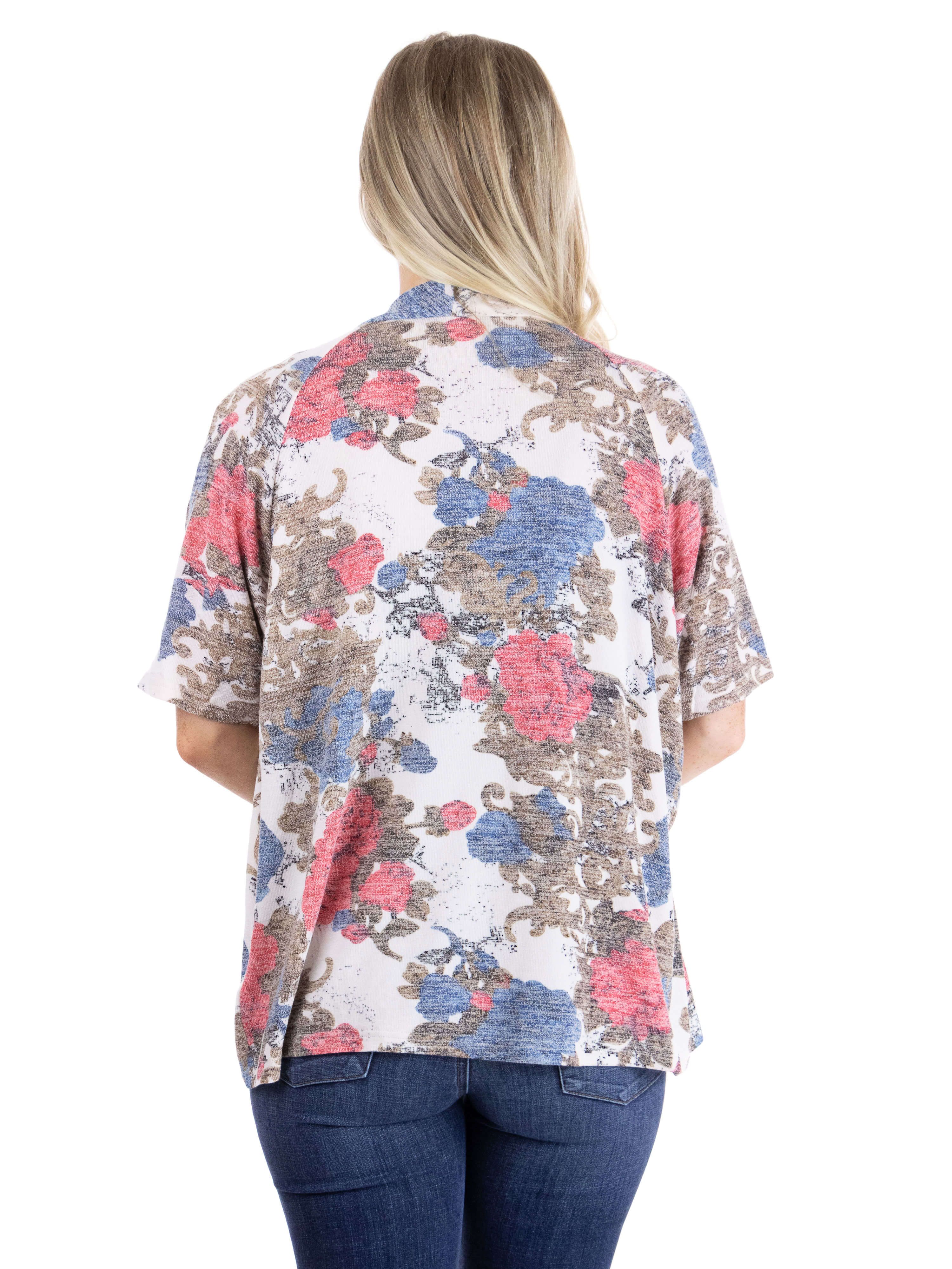 Short Sleeve Open Front Rose Print Cardigan sold by 24/7 Comfort Apparel product image thumbnail 3