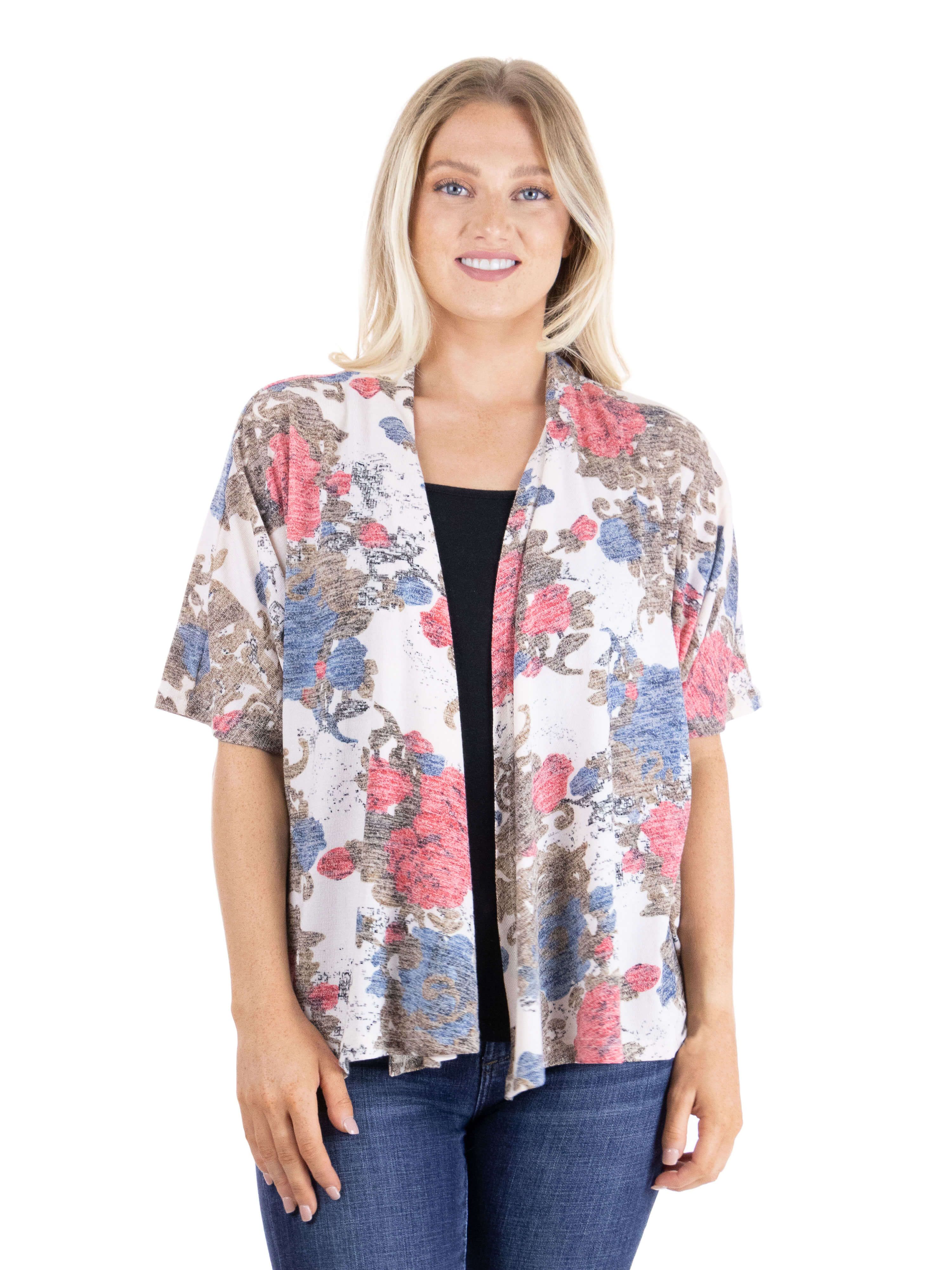 Short Sleeve Open Front Rose Print Cardigan sold by 24/7 Comfort Apparel