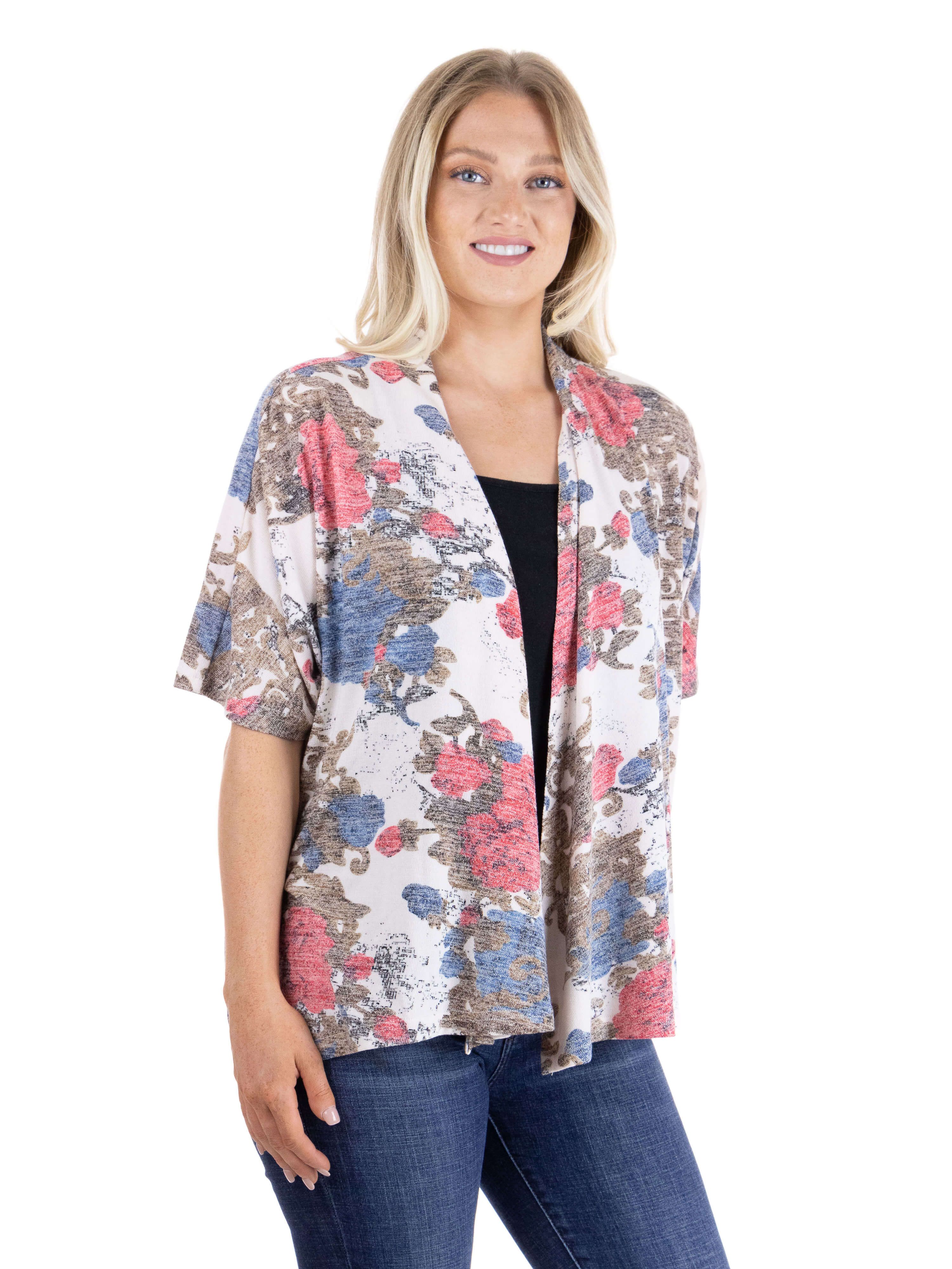 Short Sleeve Open Front Rose Print Cardigan sold by 24/7 Comfort Apparel product image thumbnail 2